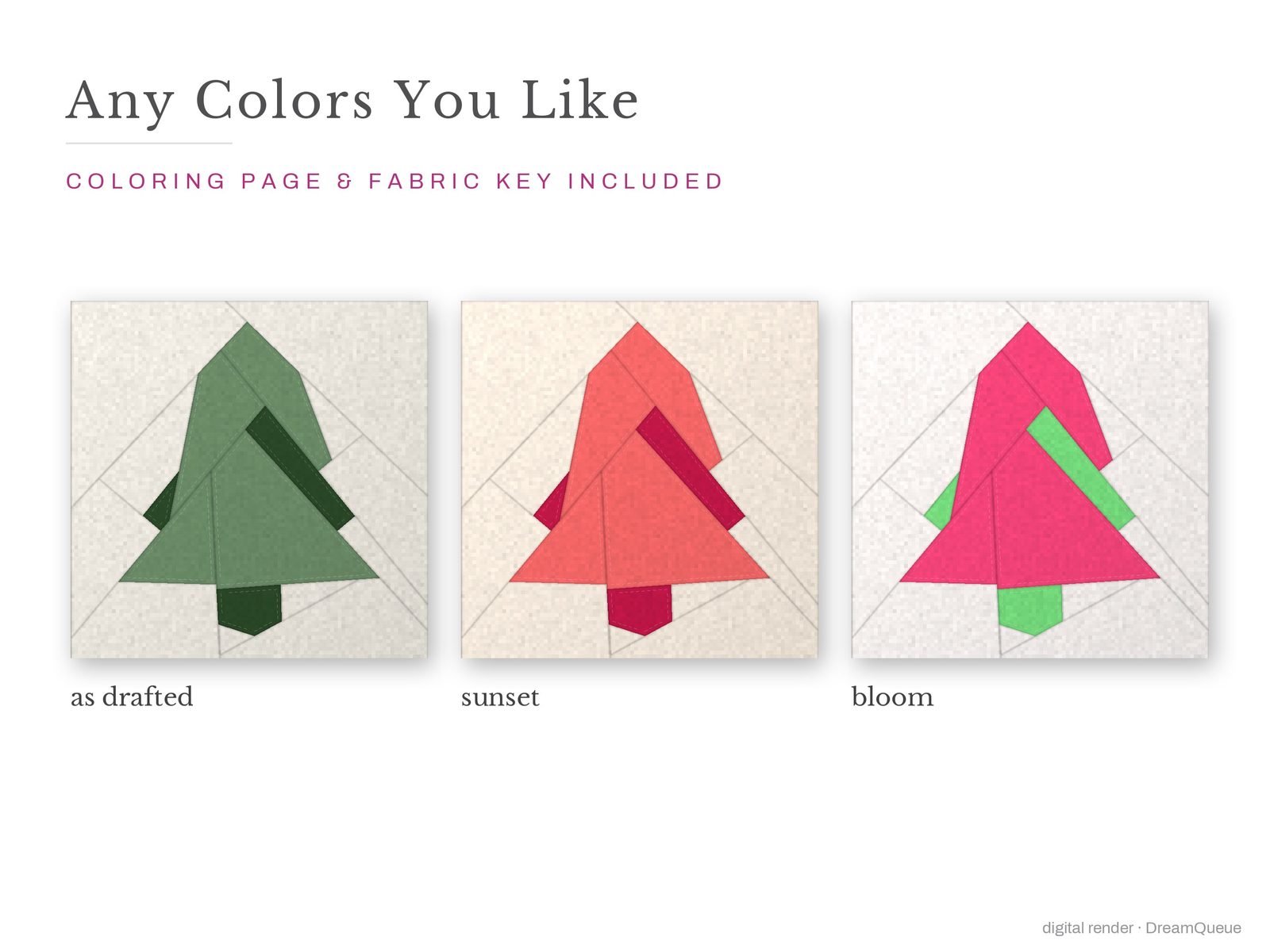 The Pine Tree quilt block in three colorways, as drafted, pastel and jewel tones; a coloring page and fabric key are included