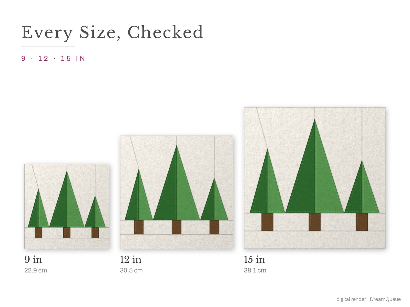 The Three Pines quilt block at every finished size: 9, 12 and 15 inch