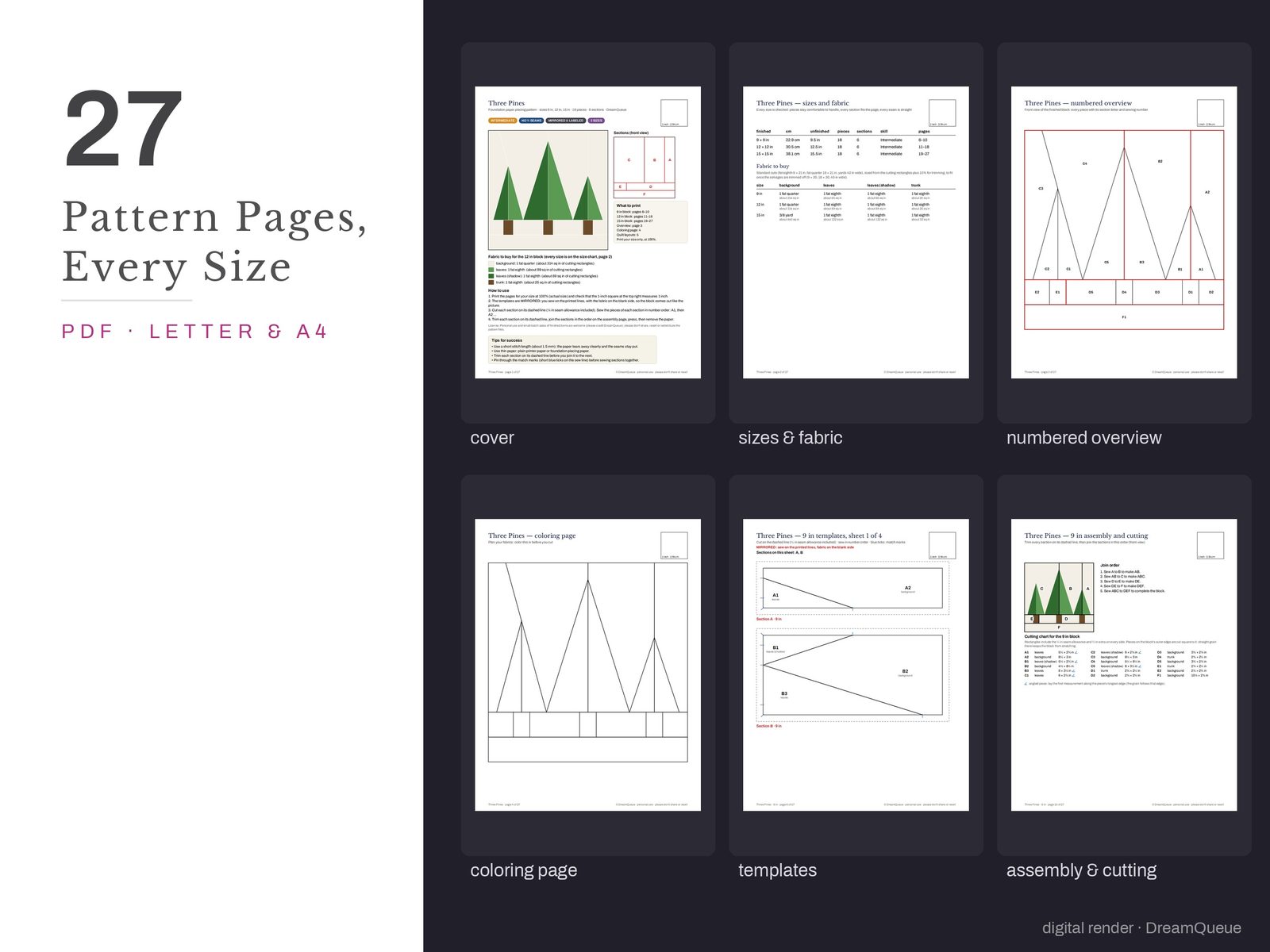 Thumbnails of the Three Pines quilt block pattern pages: cover, size and fabric chart, numbered overview, coloring page, templates, assembly and cutting chart