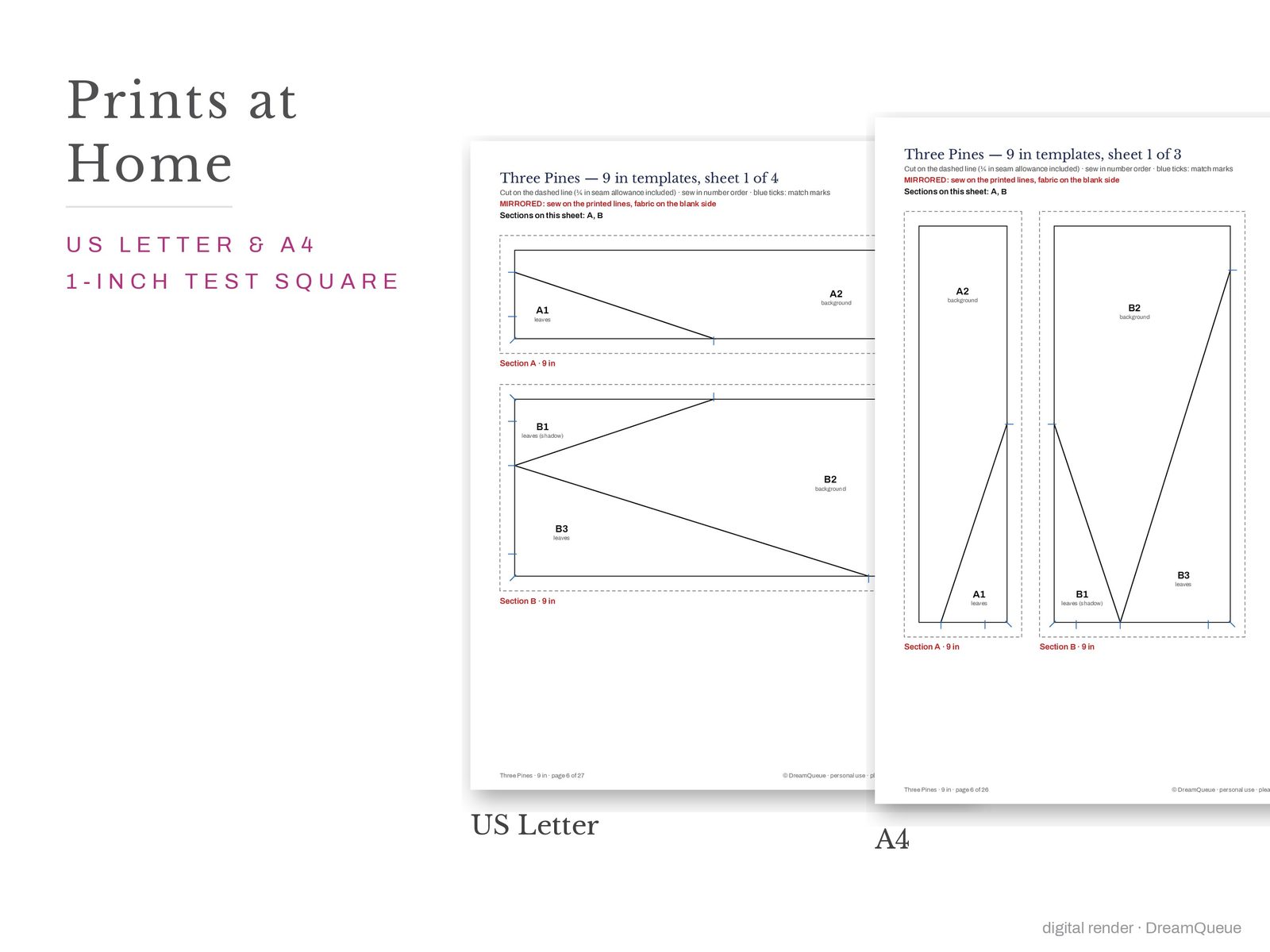 Three pines quilt block templates printed on US Letter and A4 paper with a 1-inch test square to check the print scale