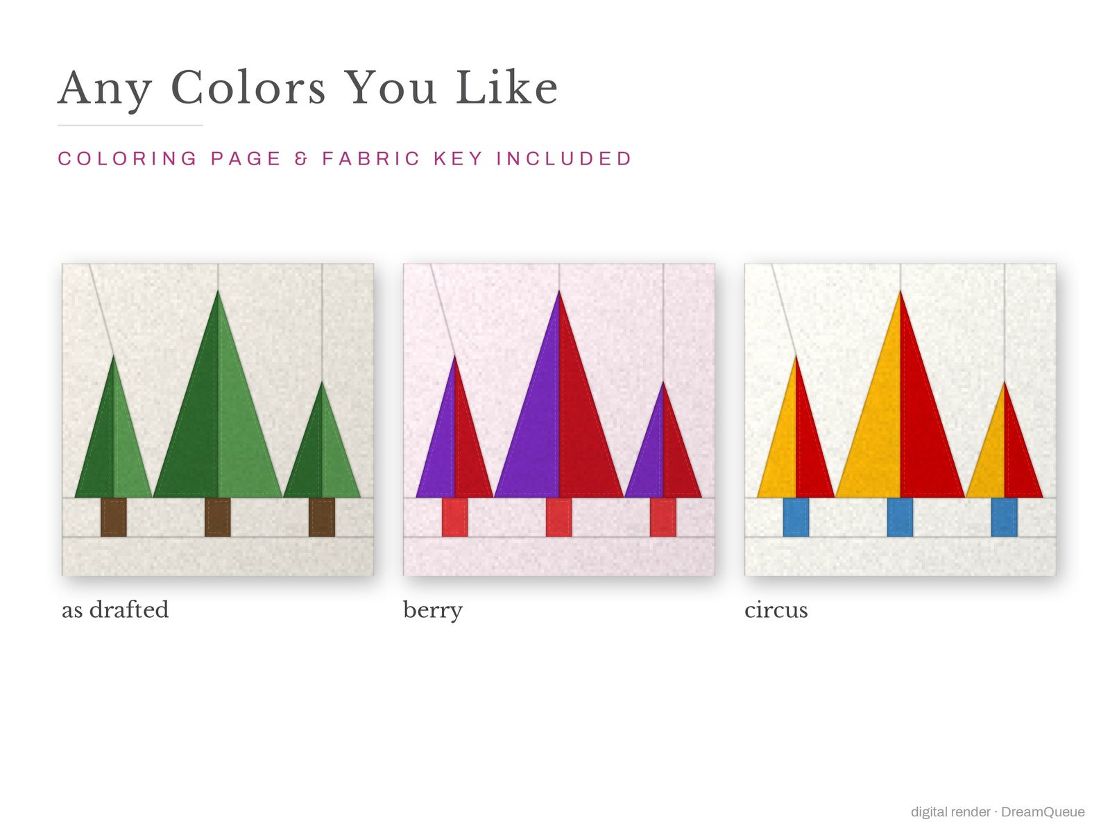 The Three Pines quilt block in three colorways, as drafted, pastel and jewel tones; a coloring page and fabric key are included