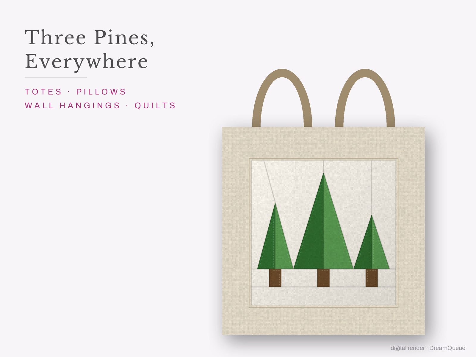 The Three Pines quilt block sewn into a tote bag, one idea for totes, pillows, wall hangings and quilts