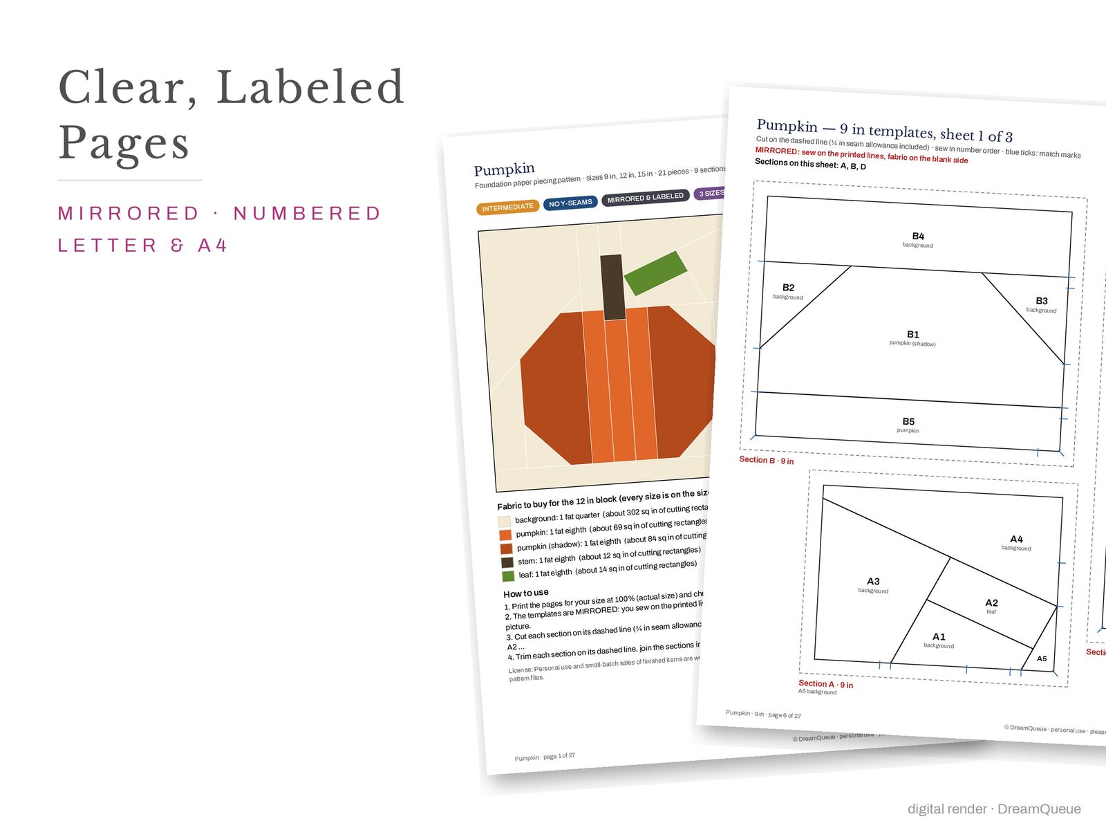 Trick or Treat Table Runner: Cover page and a mirrored, numbered template sheet from the Pumpkin quilt block FPP pattern