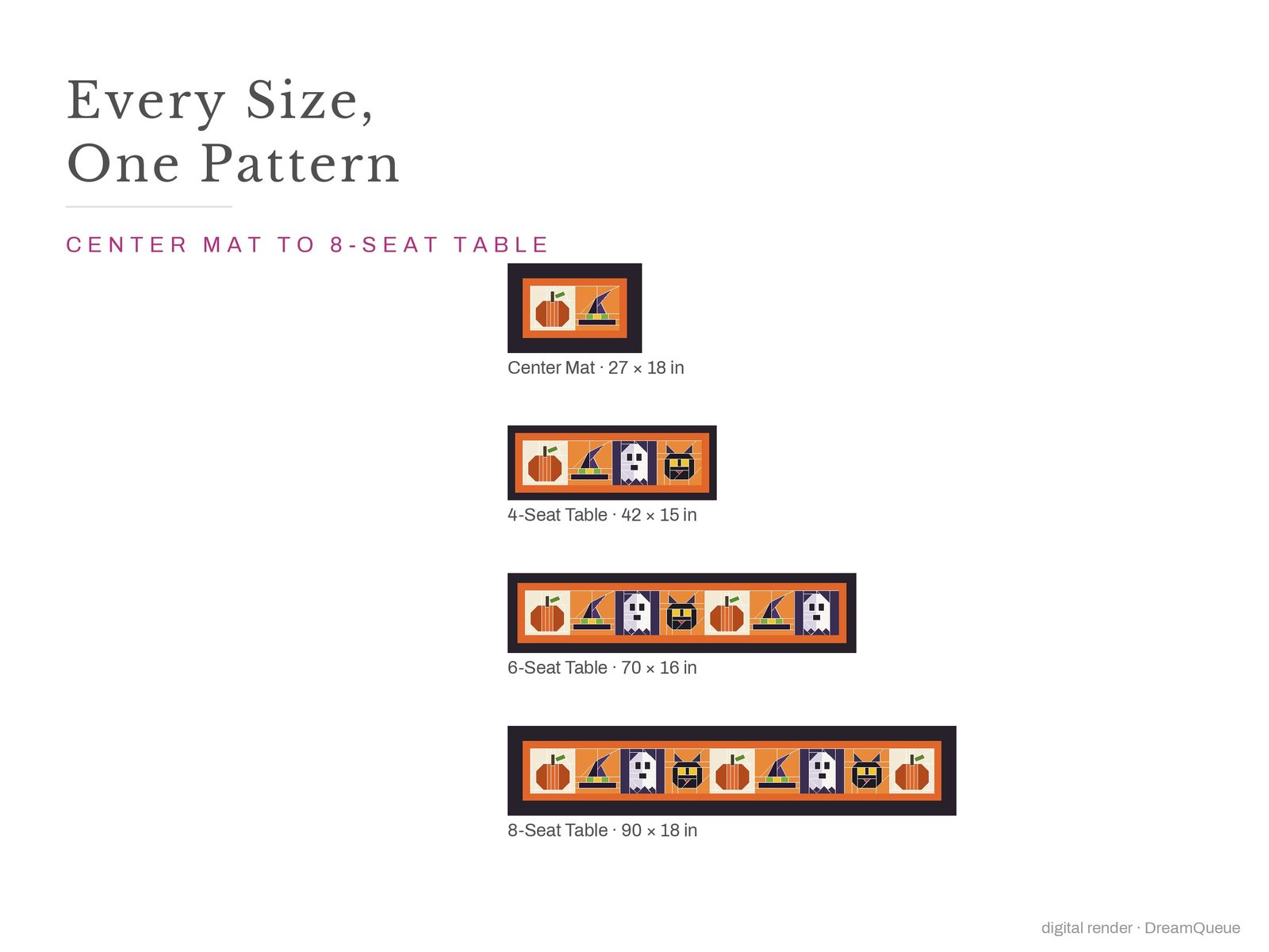 Trick or Treat Table Runner: The Pumpkin quilt block at every finished size: 8, 9, 10, 12 and 15 inch
