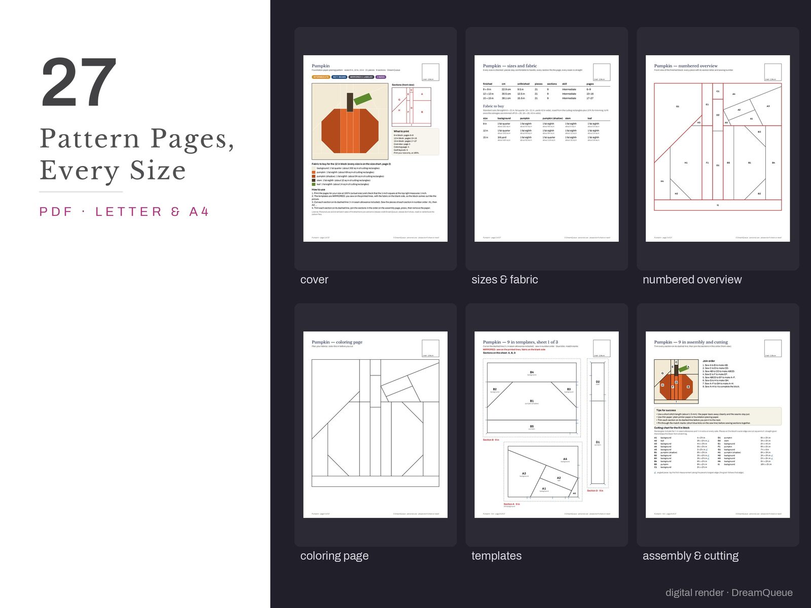 Trick or Treat Table Runner: Thumbnails of the Pumpkin quilt block pattern pages: cover, size and fabric chart, numbered overview, coloring page, templates, assembly and cutting chart