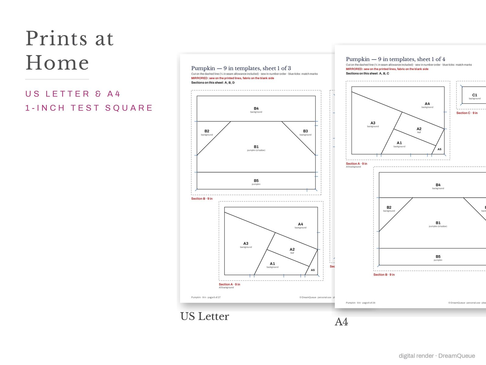 Trick or Treat Table Runner: Pumpkin quilt block templates printed on US Letter and A4 paper with a 1-inch test square to check the print scale