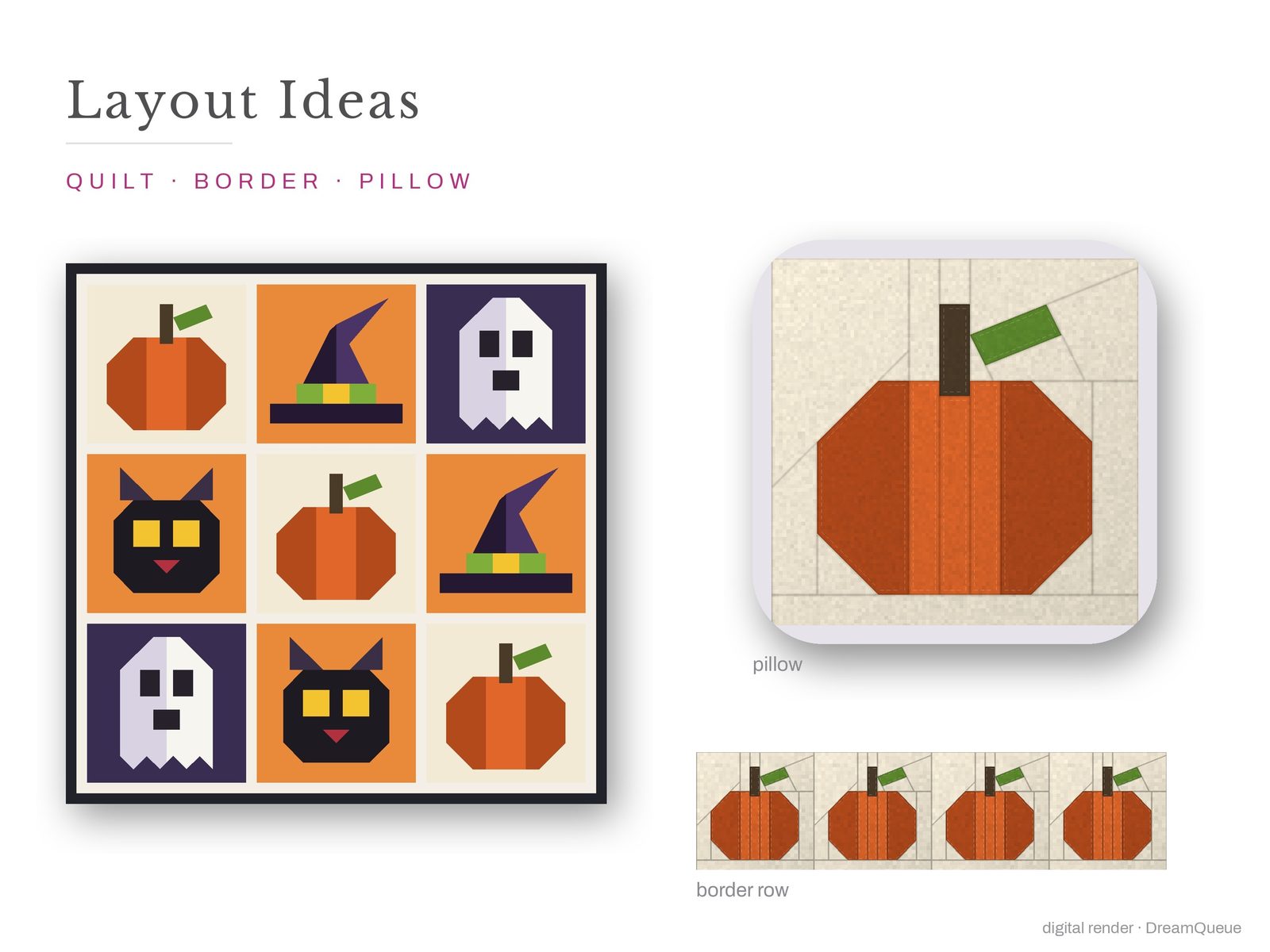 Trick or Treat Table Runner: Layout ideas for the Pumpkin quilt block: a full quilt, a border row and a pillow