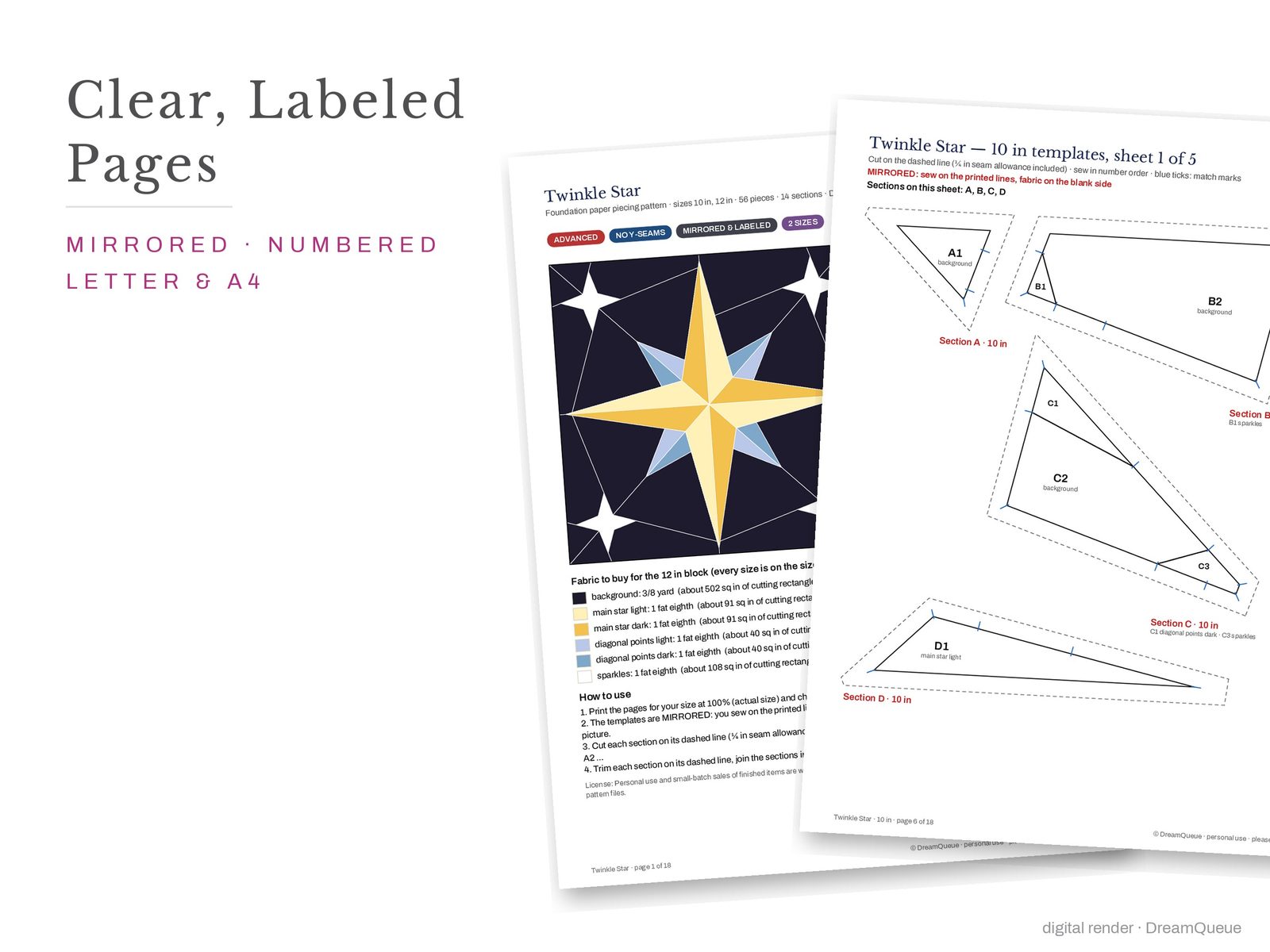 Cover page and a mirrored, numbered template sheet from the Twinkle Star quilt block FPP pattern