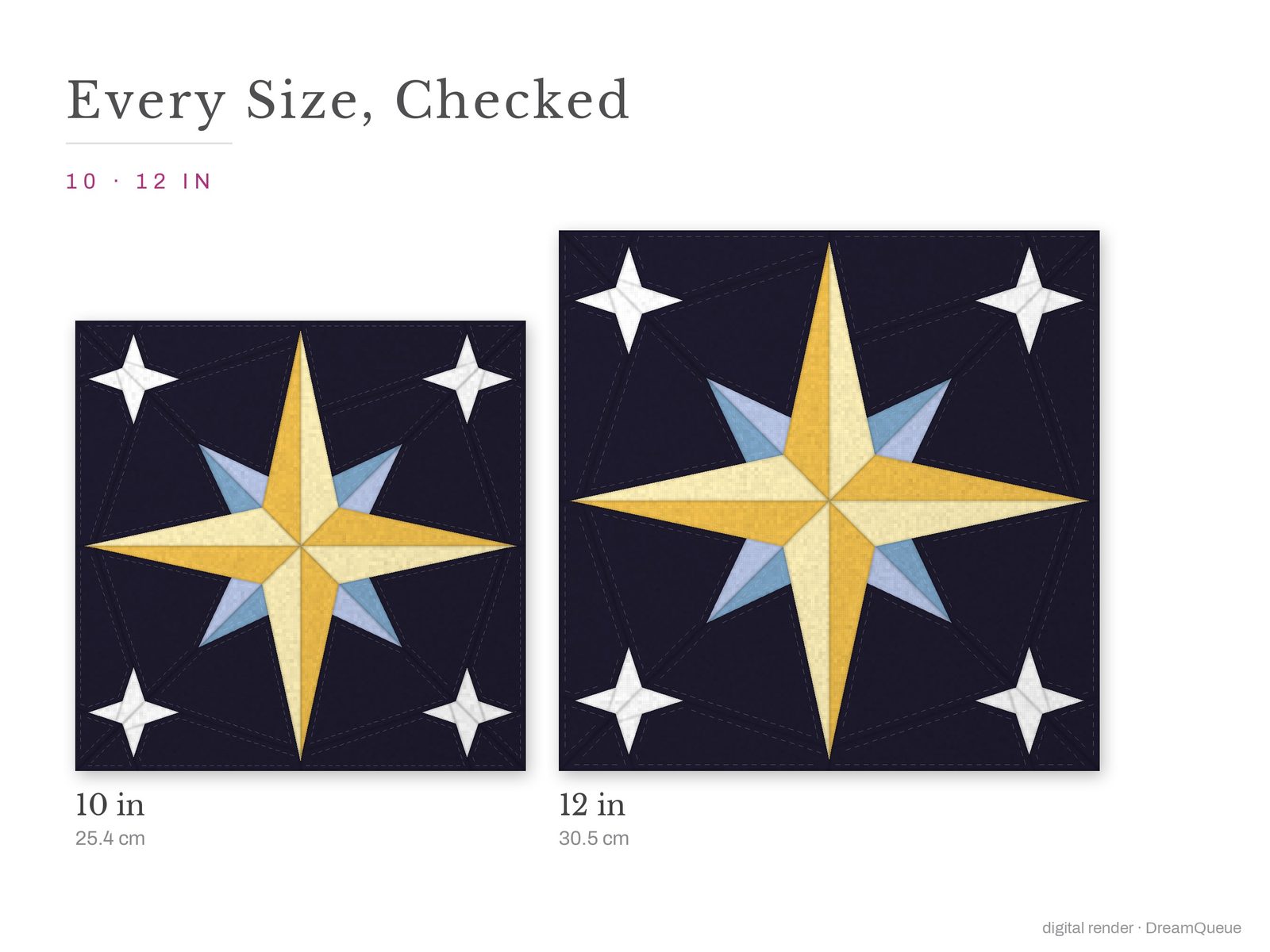 The Twinkle Star quilt block at every finished size: 10 and 12 inch