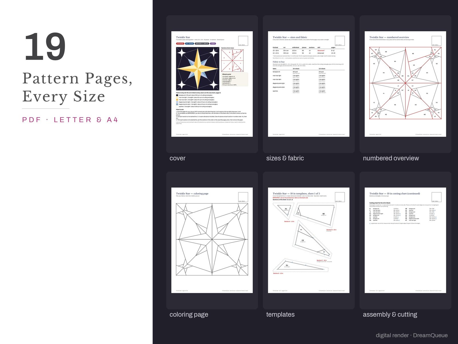 Thumbnails of the Twinkle Star quilt block pattern pages: cover, size and fabric chart, numbered overview, coloring page, templates, assembly and cutting chart