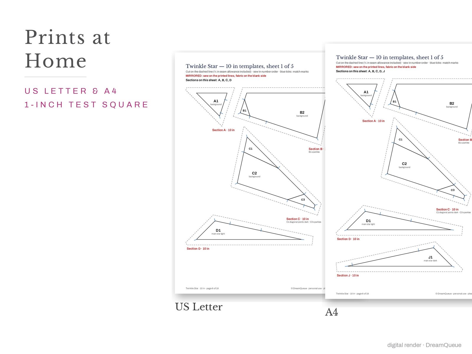 Twinkle star quilt block templates printed on US Letter and A4 paper with a 1-inch test square to check the print scale
