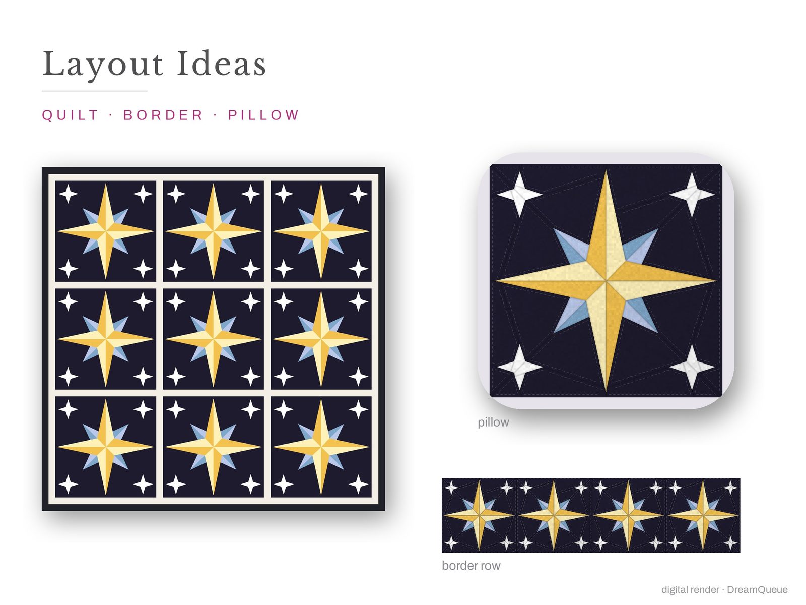 Layout ideas for the Twinkle Star quilt block: a full quilt, a border row and a pillow