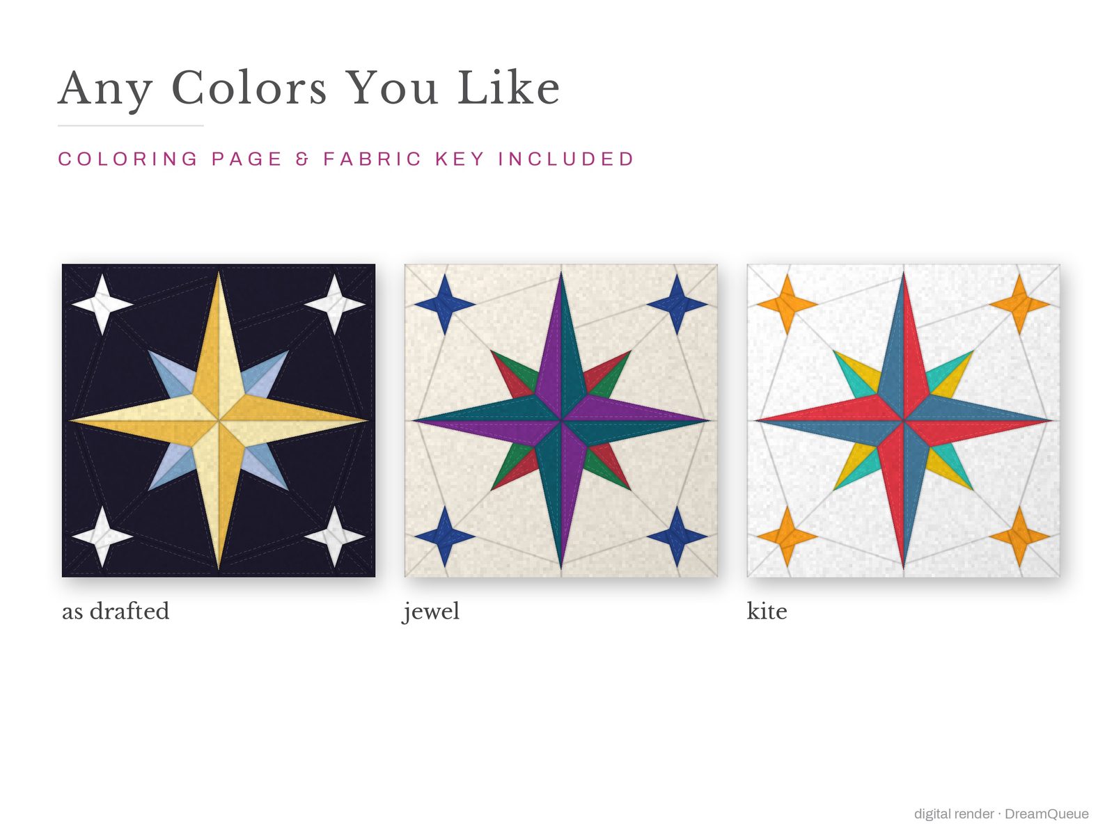 The Twinkle Star quilt block in three colorways, as drafted, pastel and jewel tones; a coloring page and fabric key are included
