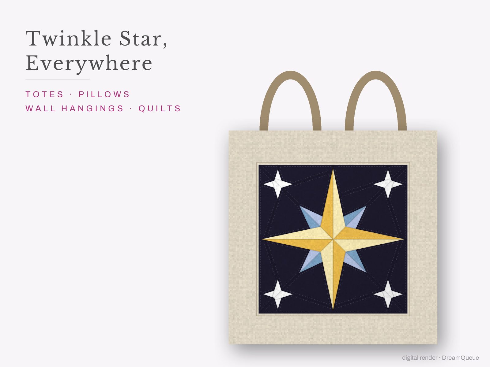 The Twinkle Star quilt block sewn into a tote bag, one idea for totes, pillows, wall hangings and quilts