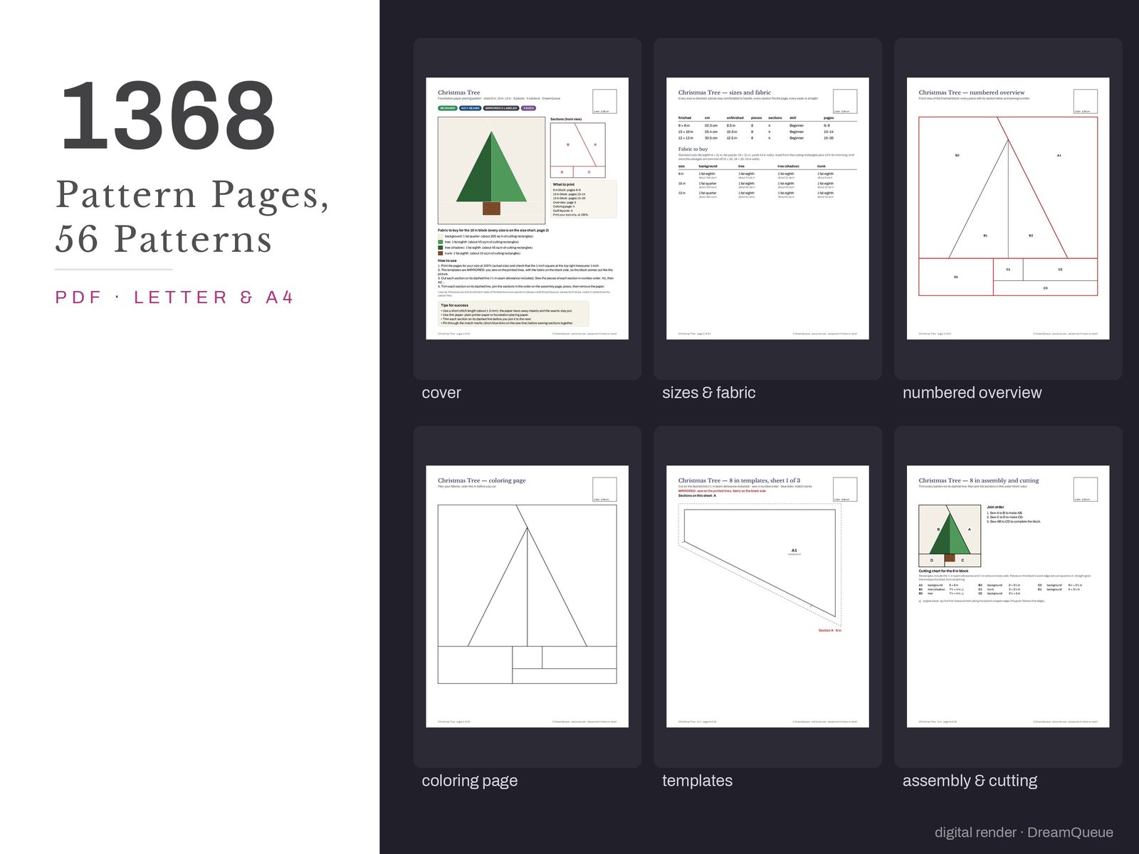 Thumbnails of the whole-shop bundle of 56 quilt blocks pattern pages: cover, size and fabric chart, numbered overview, coloring page, templates, assembly and cutting chart