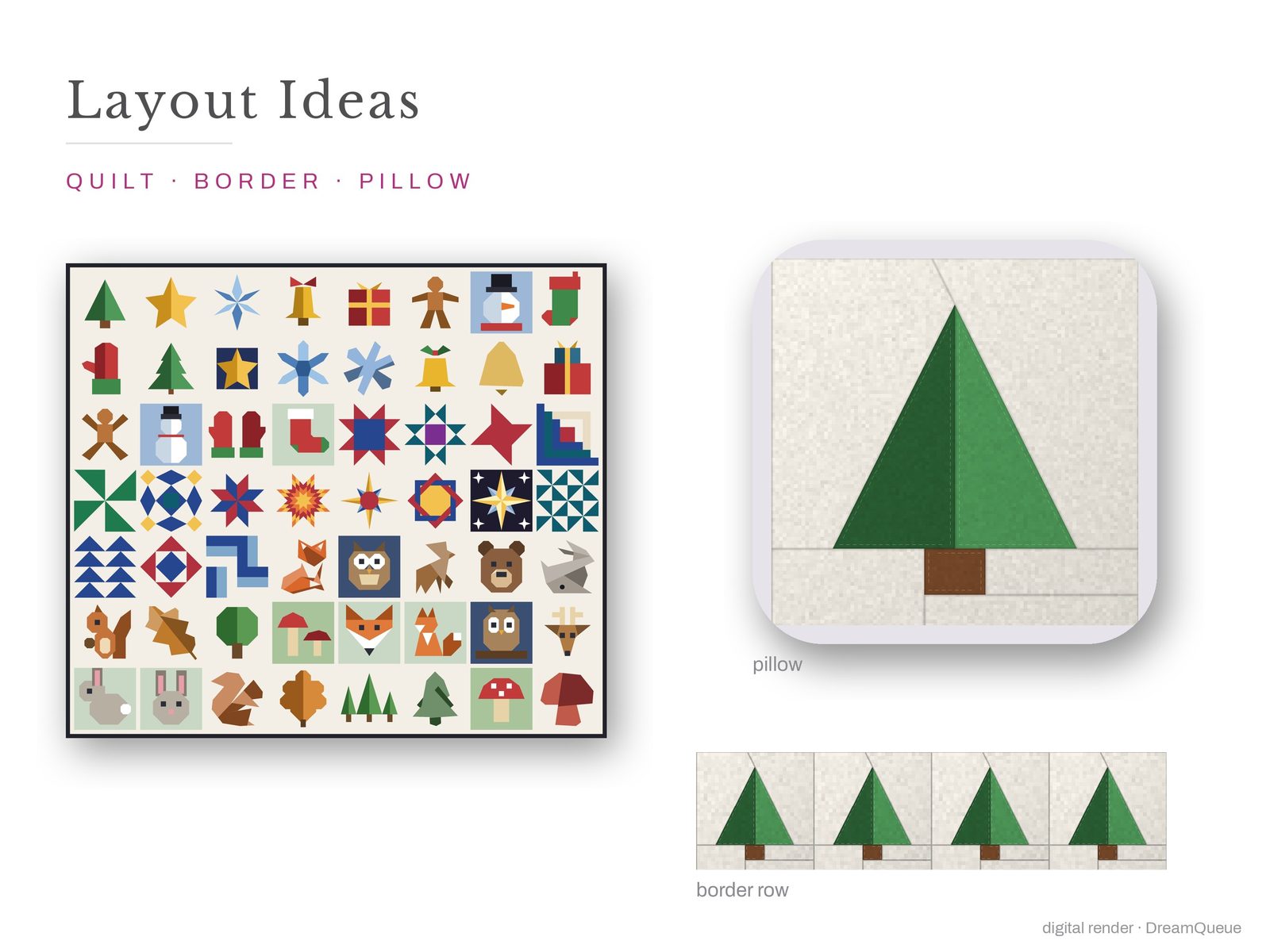 Layout ideas for the whole-shop bundle of 56 quilt blocks: a full quilt, a border row and a pillow