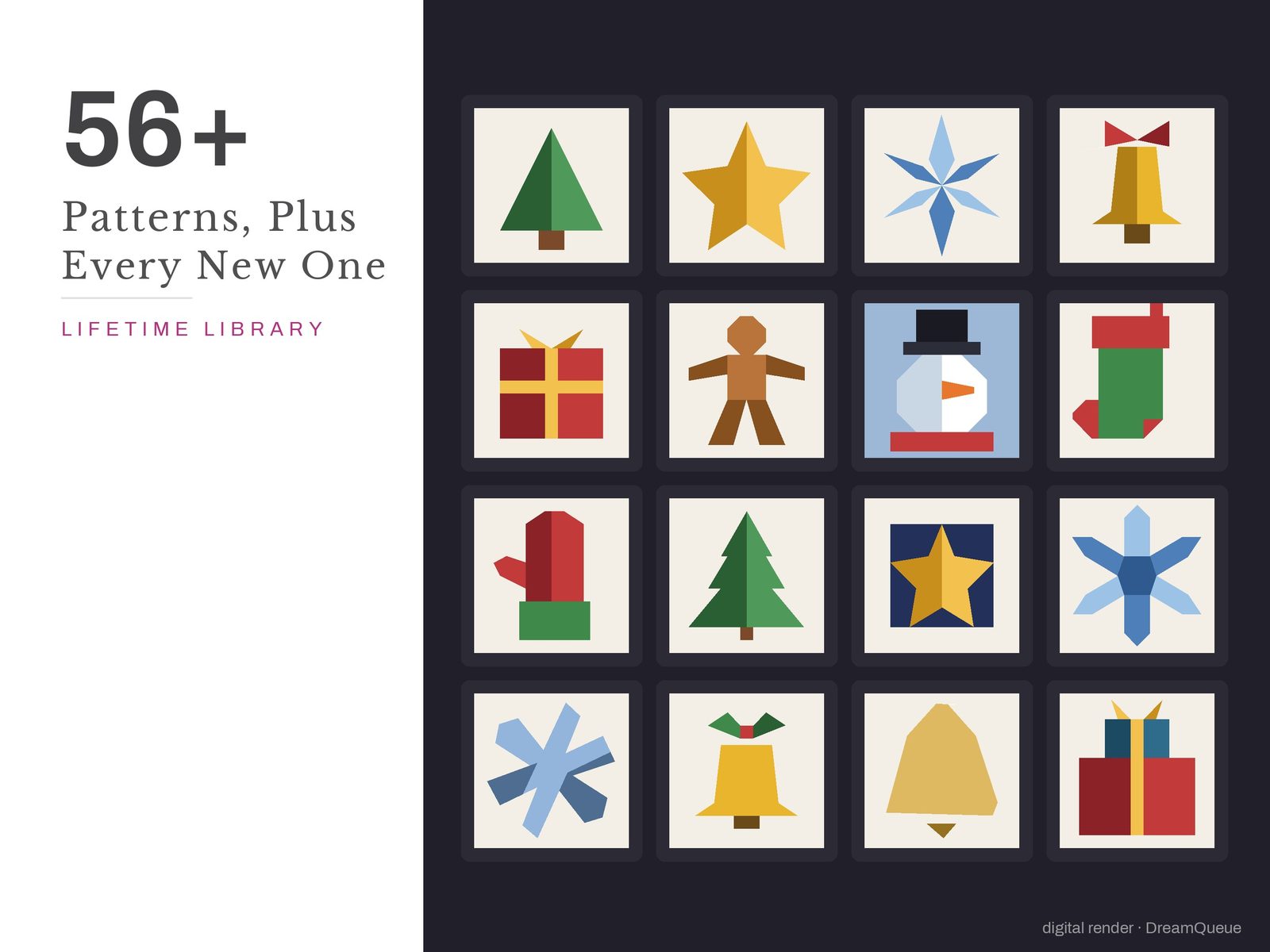 56 quilt blocks in the whole-shop bundle, plus every pattern added later