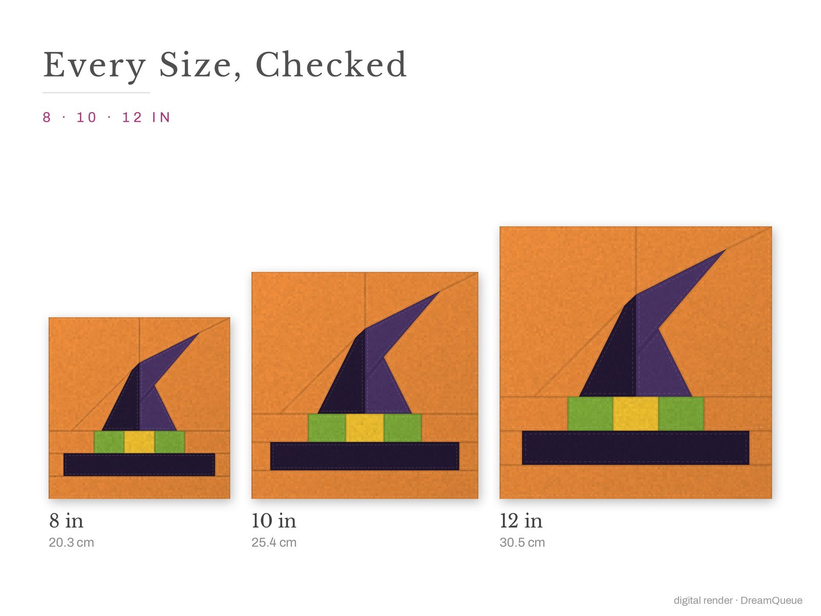 The Witch Hat quilt block at every finished size: 8, 10 and 12 inch