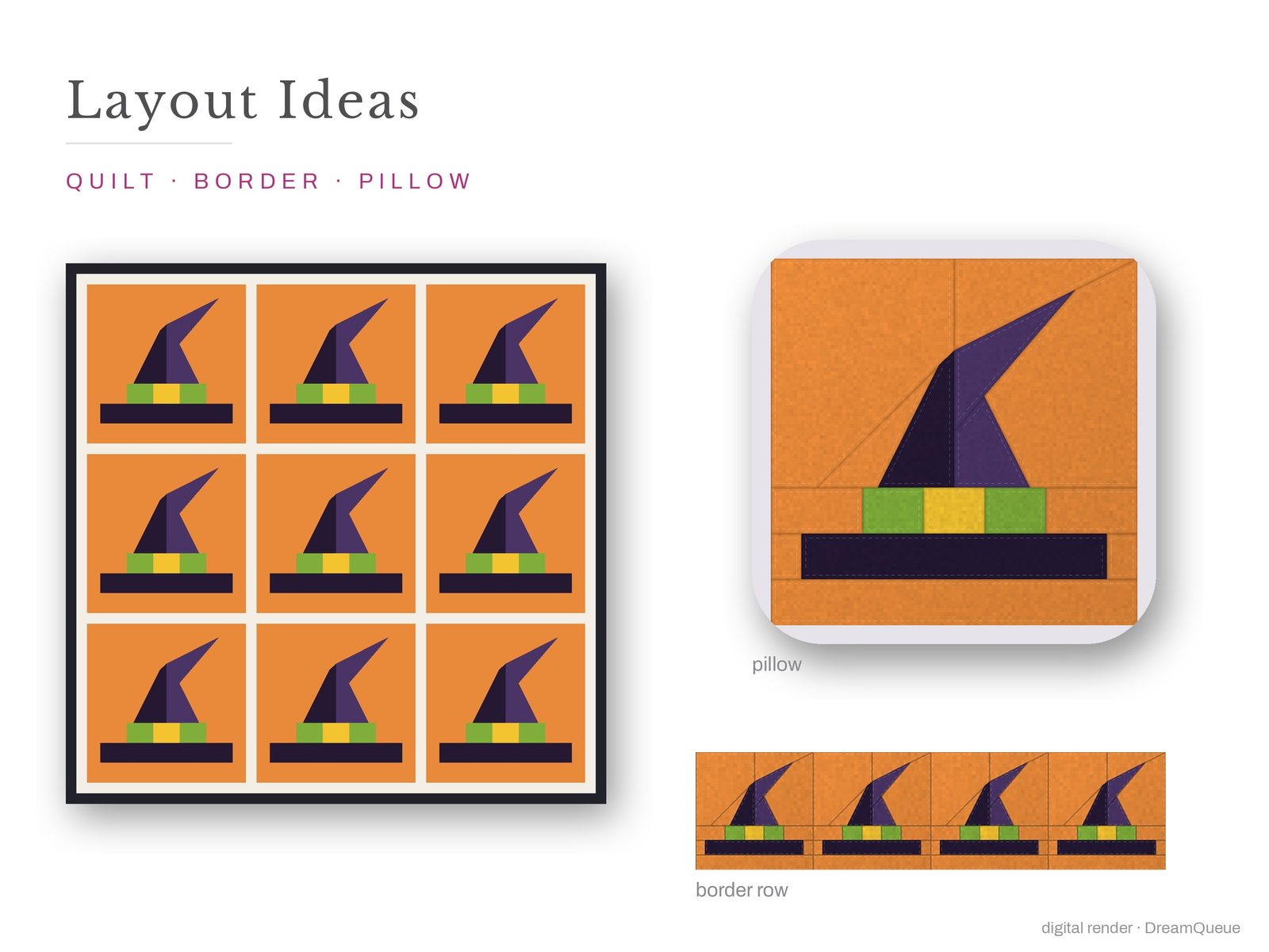 Layout ideas for the Witch Hat quilt block: a full quilt, a border row and a pillow