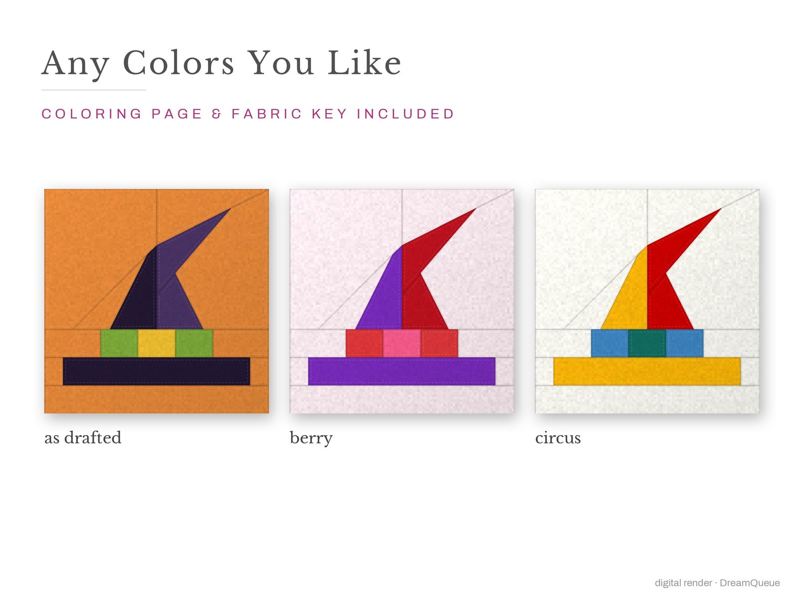 The Witch Hat quilt block in three colorways, as drafted, pastel and jewel tones; a coloring page and fabric key are included