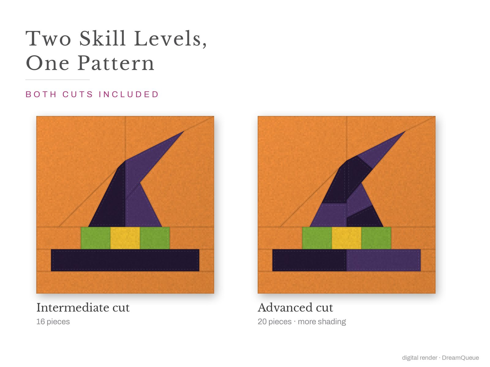 Witch Hat: Skill level intermediate: no Y-seams, mirrored and labeled templates, every size checked, pieces numbered in sewing order, cutting chart and fabric to buy