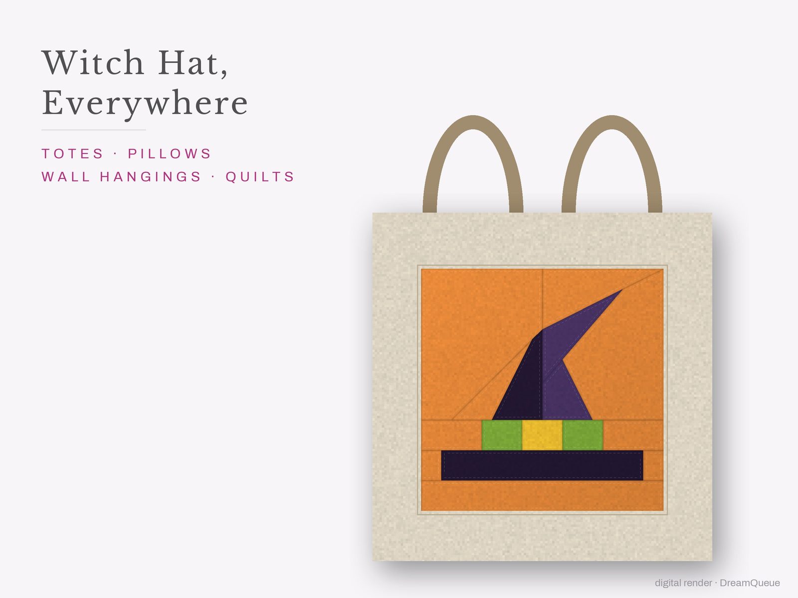 The Witch Hat quilt block sewn into a tote bag, one idea for totes, pillows, wall hangings and quilts