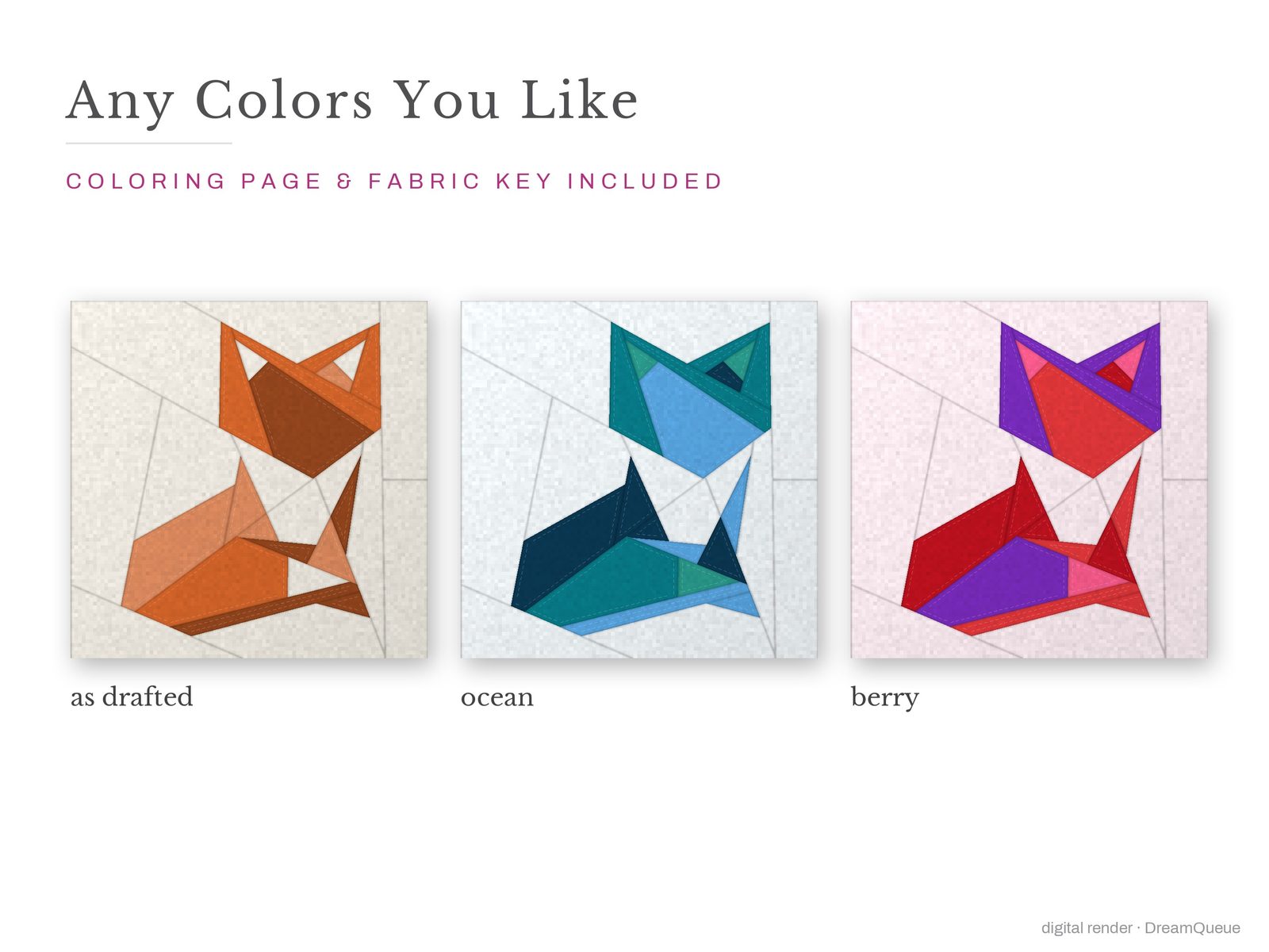 The Woodland bundle of 9 quilt blocks in three colorways, as drafted, pastel and jewel tones; a coloring page and fabric key are included