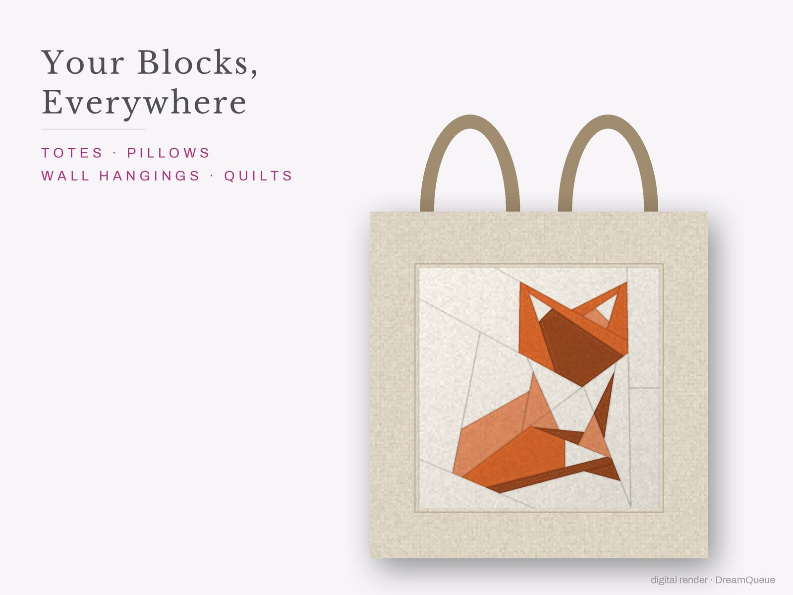 The Woodland bundle of 9 quilt blocks sewn into a tote bag, one idea for totes, pillows, wall hangings and quilts