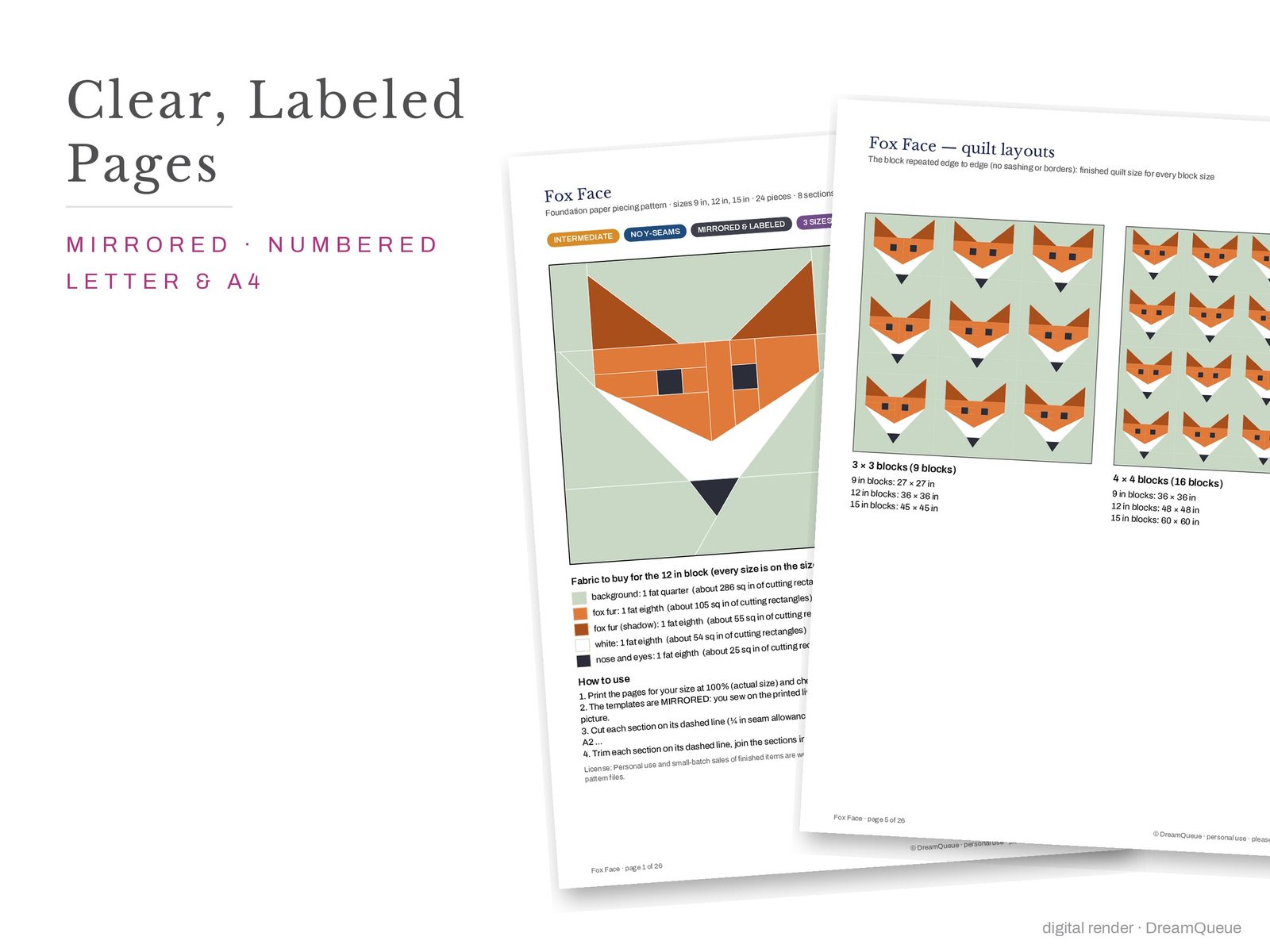 Cover page and a mirrored, numbered template sheet from the Woodland Vol. 2 bundle of 12 quilt blocks FPP pattern