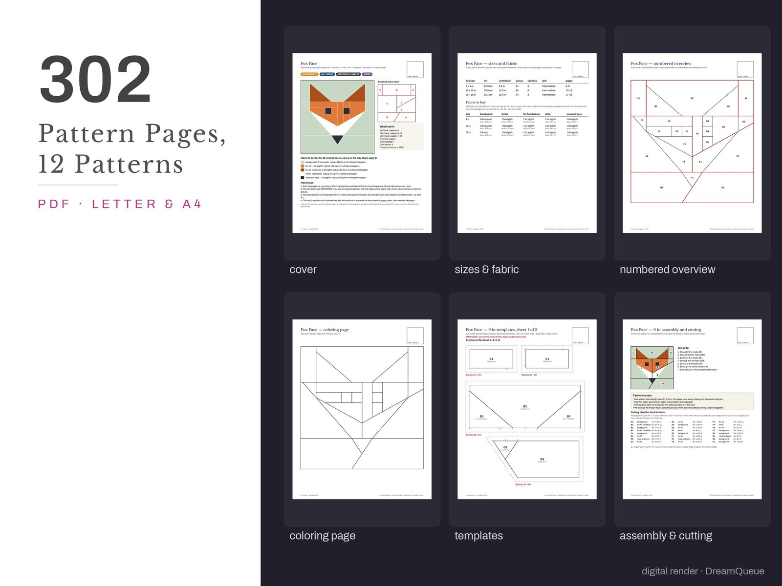 Thumbnails of the Woodland Vol. 2 bundle of 12 quilt blocks pattern pages: cover, size and fabric chart, numbered overview, coloring page, templates, assembly and cutting chart