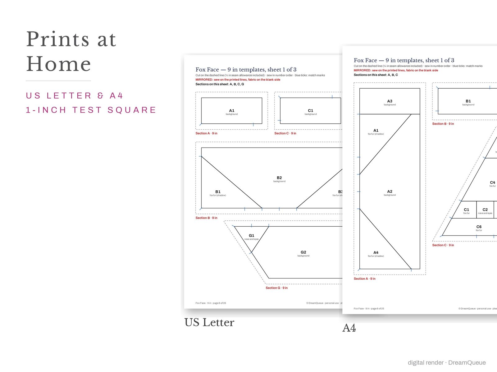Woodland vol. 2 bundle of 12 quilt blocks templates printed on US Letter and A4 paper with a 1-inch test square to check the print scale