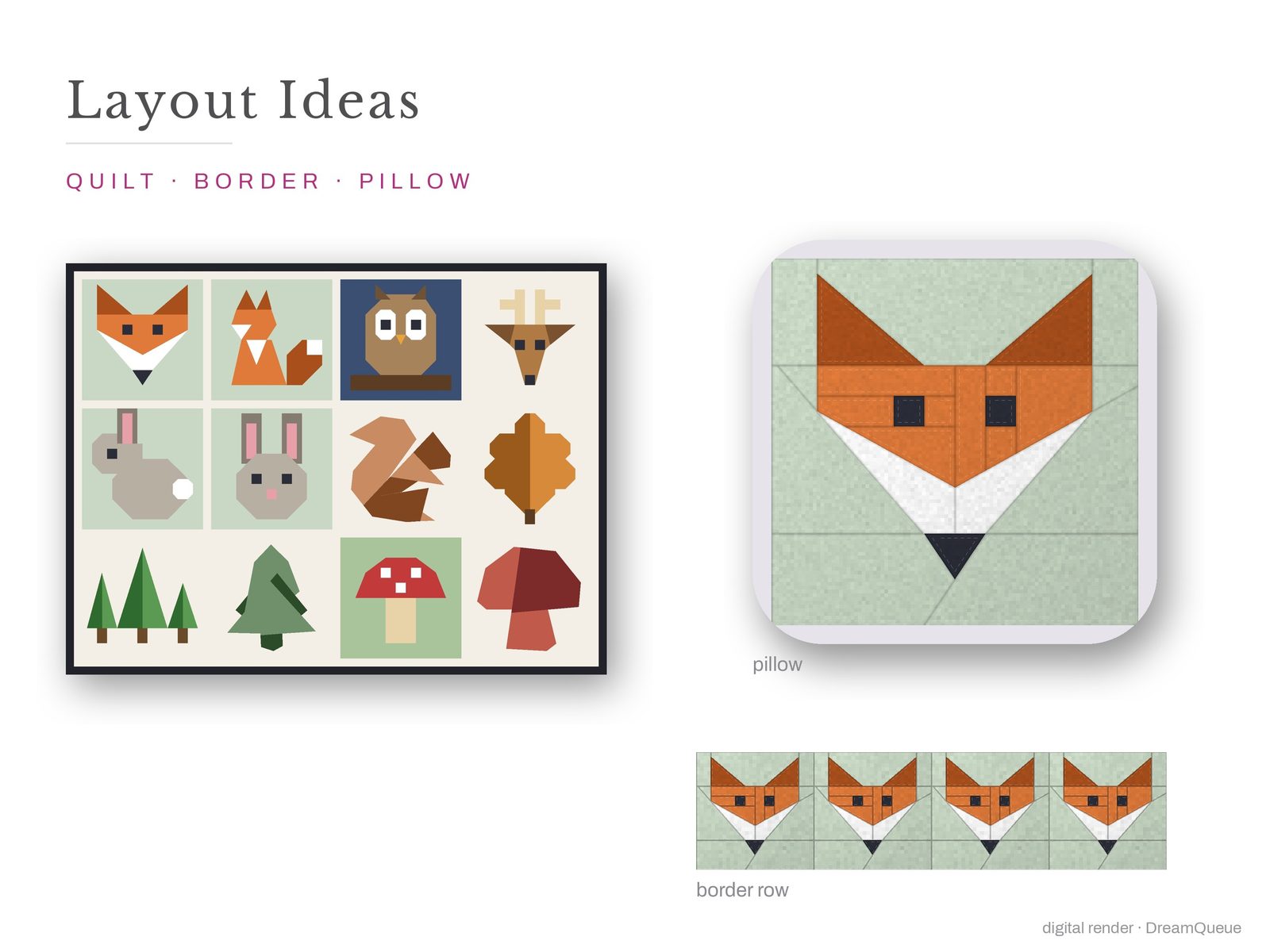 Layout ideas for the Woodland Vol. 2 bundle of 12 quilt blocks: a full quilt, a border row and a pillow