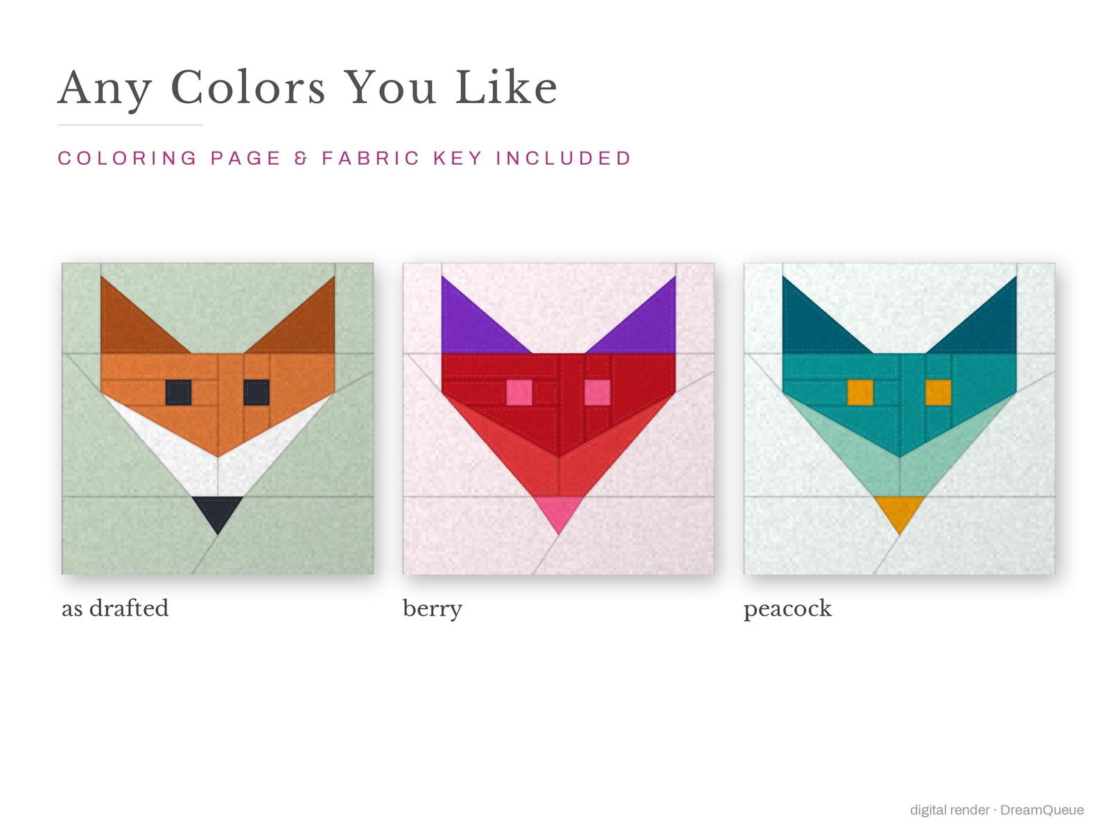 The Woodland Vol. 2 bundle of 12 quilt blocks in three colorways, as drafted, pastel and jewel tones; a coloring page and fabric key are included