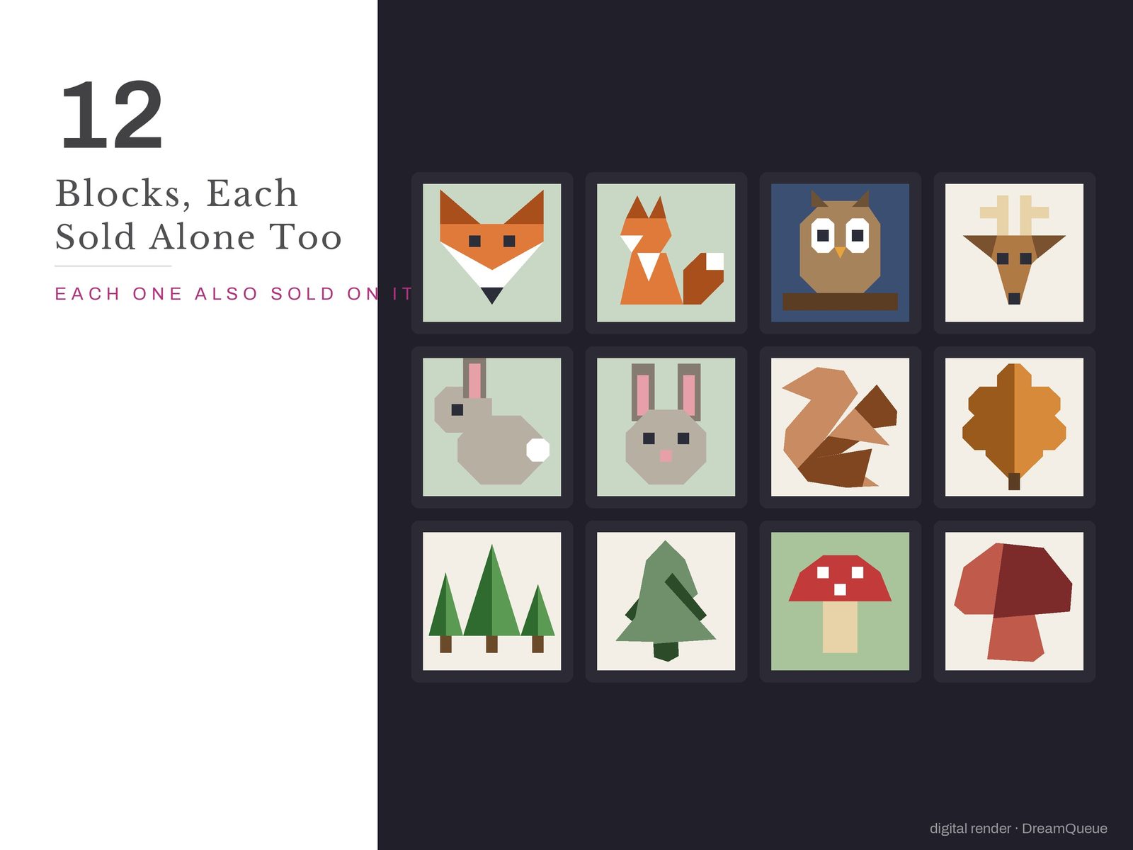 All 12 blocks in the Woodland Vol. 2 bundle: Fox Face, Sitting Fox, Perched Owl, Deer Face, Sitting Rabbit, Bunny Face, Bushy-Tail Squirrel, Lobed Oak Leaf, Three Pines, Pine Tree, Spotted Toadstool, Red Cap Mushroom; each is also sold on its own