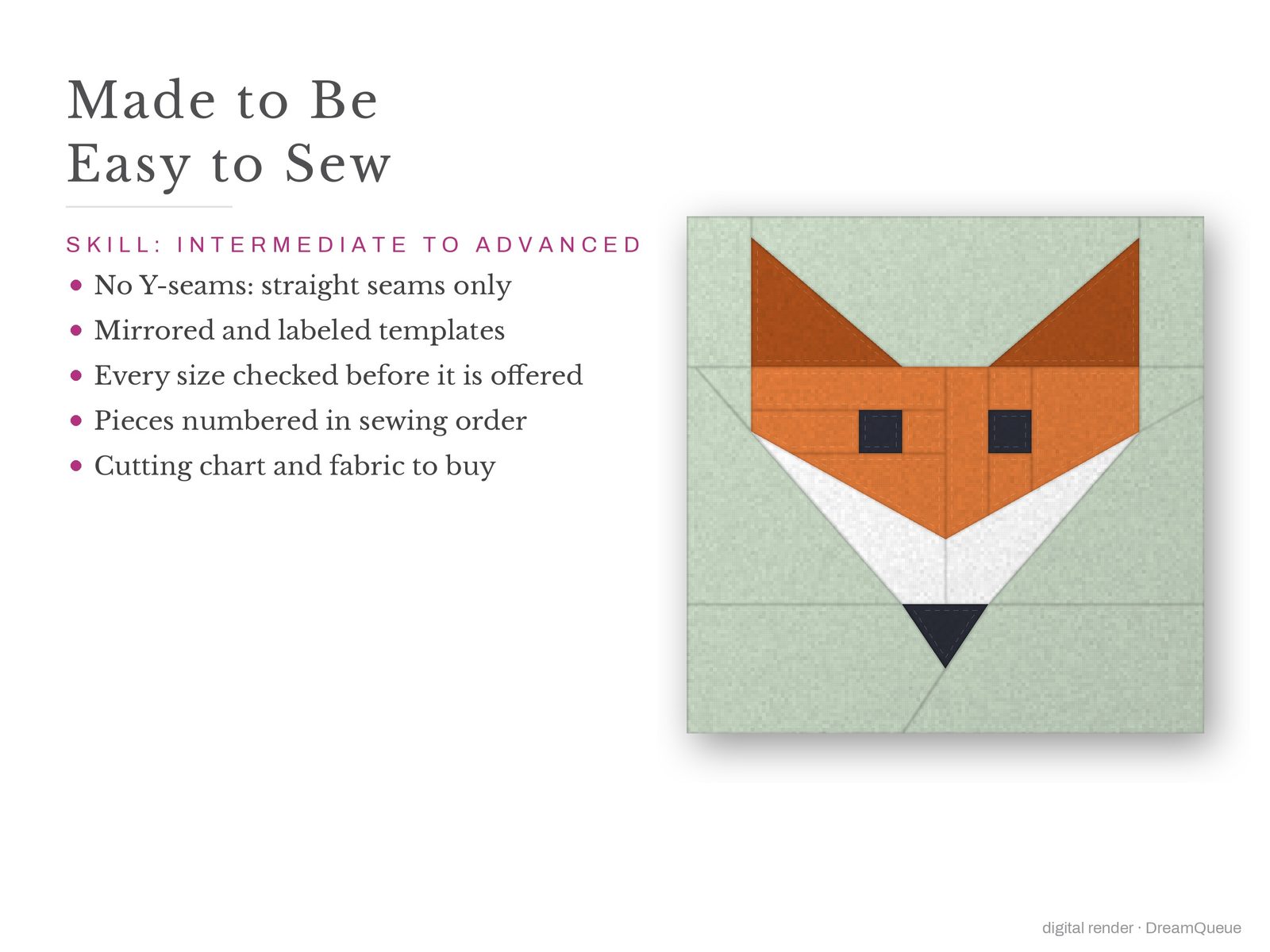 Woodland Vol. 2: Skill level intermediate to advanced: no Y-seams, mirrored and labeled templates, every size checked, pieces numbered in sewing order, cutting chart and fabric to buy