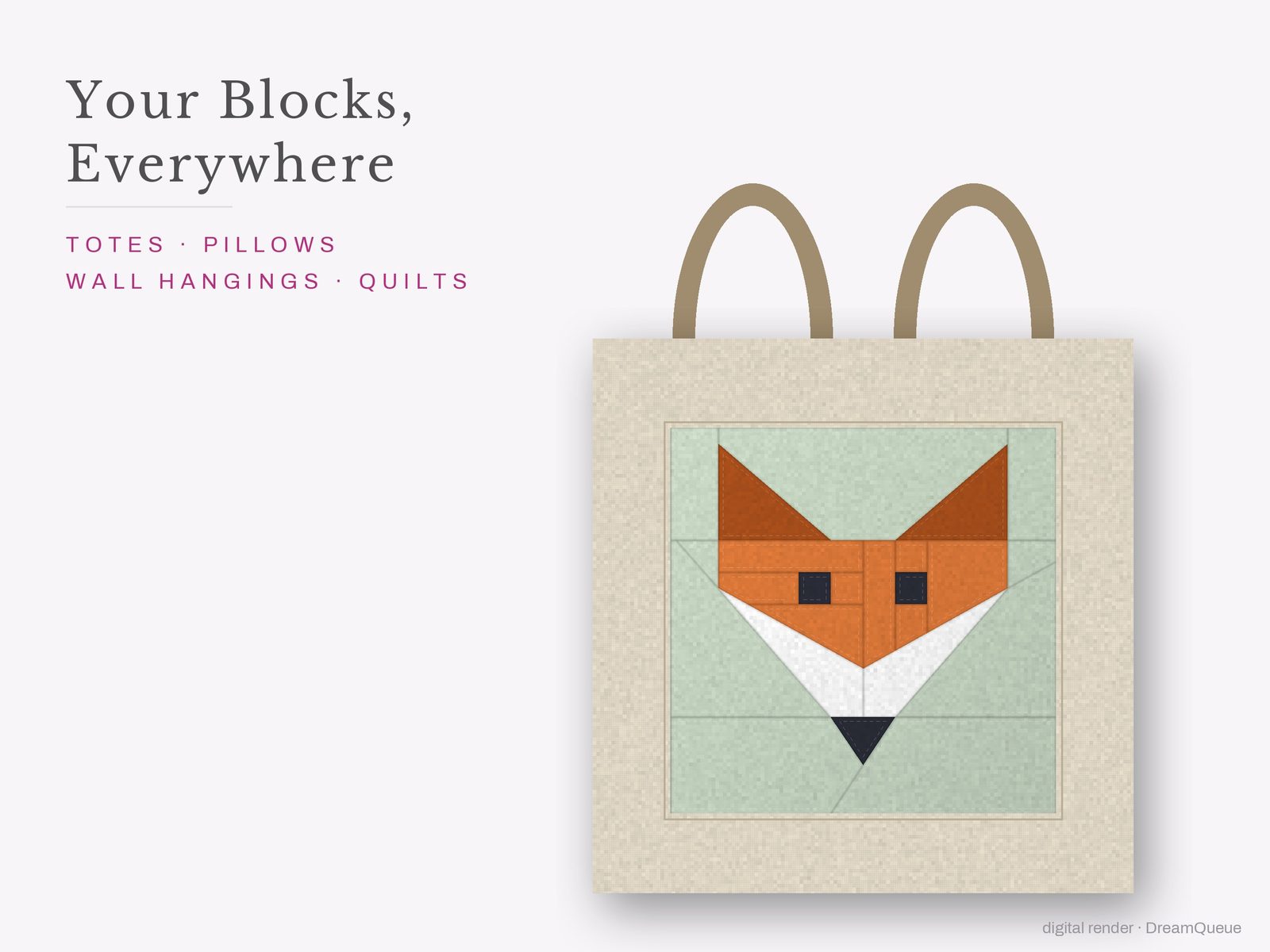 The Woodland Vol. 2 bundle of 12 quilt blocks sewn into a tote bag, one idea for totes, pillows, wall hangings and quilts