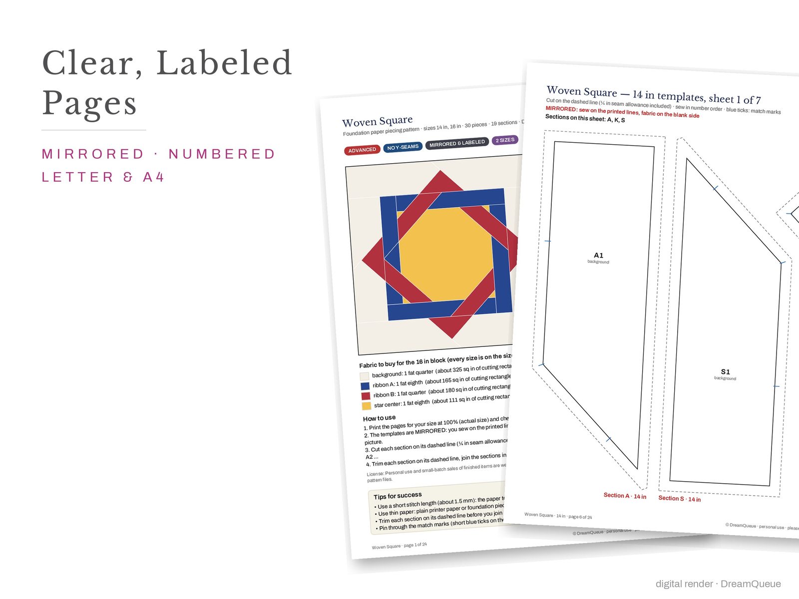 Cover page and a mirrored, numbered template sheet from the Woven Square quilt block FPP pattern
