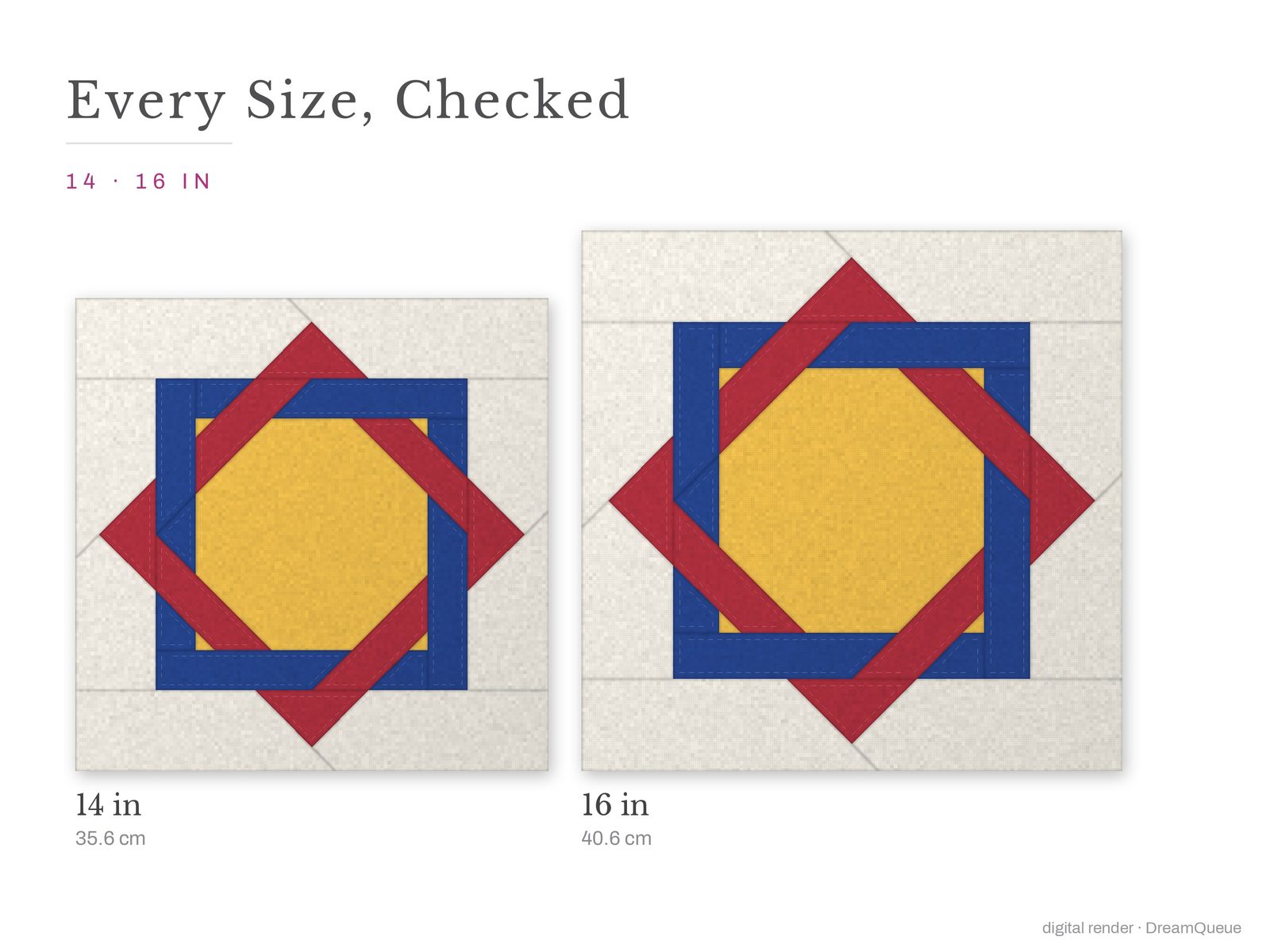 The Woven Square quilt block at every finished size: 14 and 16 inch
