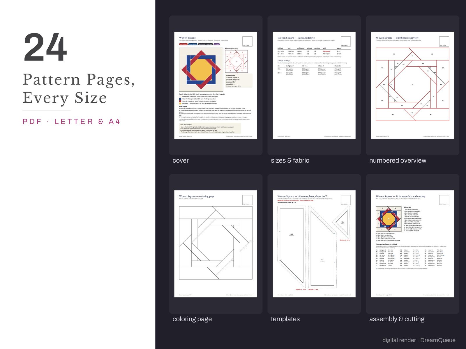 Thumbnails of the Woven Square quilt block pattern pages: cover, size and fabric chart, numbered overview, coloring page, templates, assembly and cutting chart