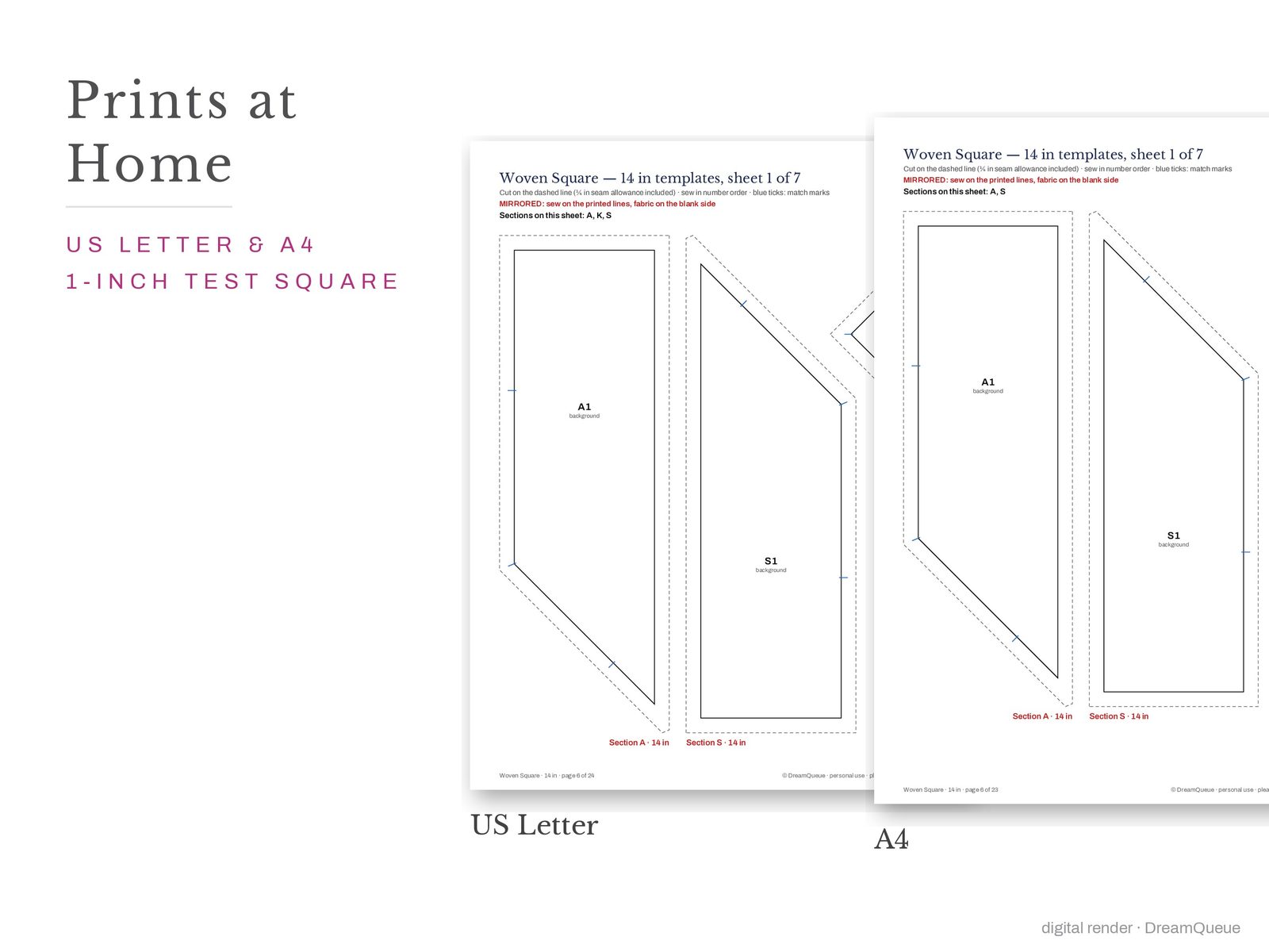 Woven square quilt block templates printed on US Letter and A4 paper with a 1-inch test square to check the print scale