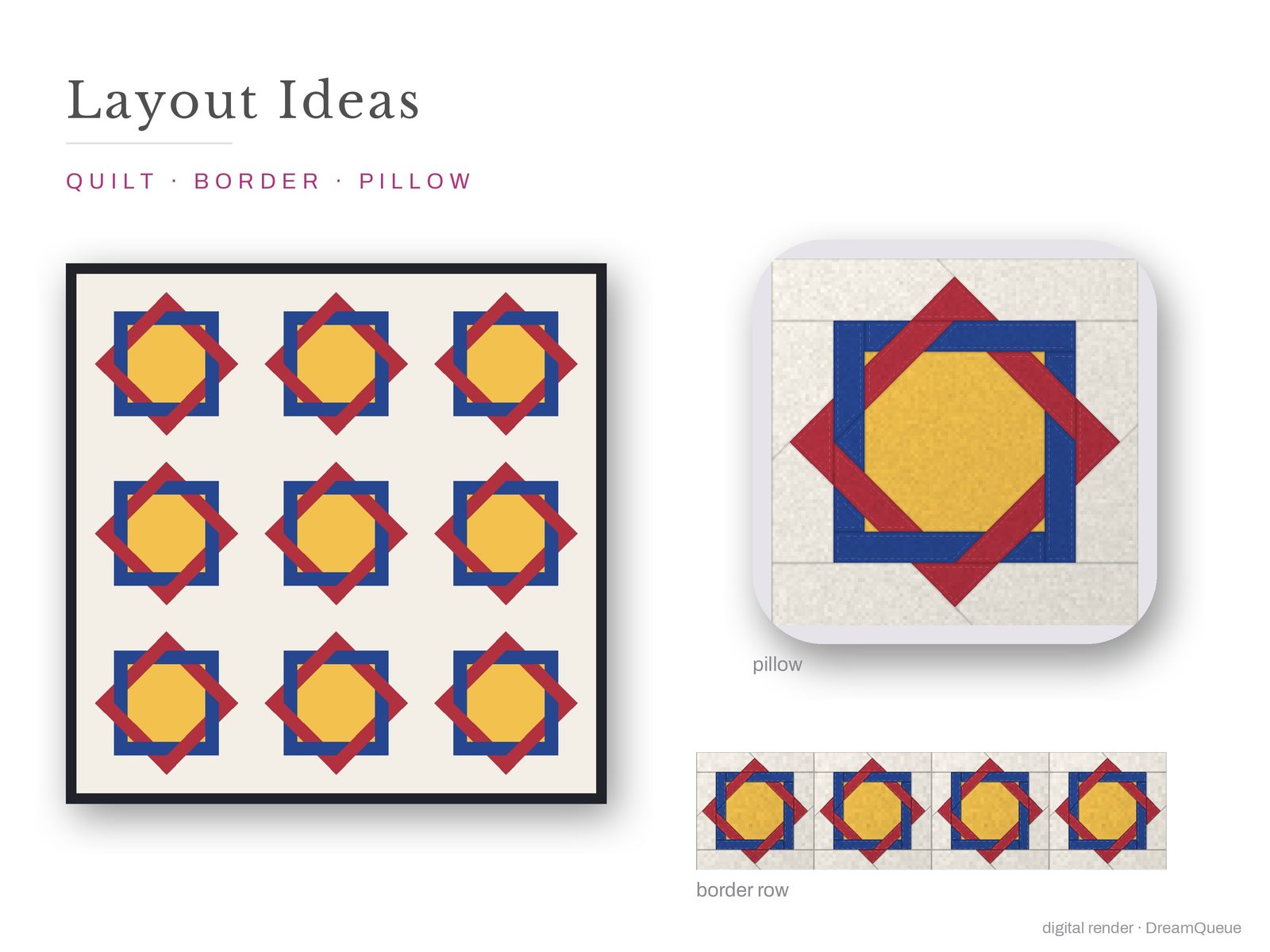 Layout ideas for the Woven Square quilt block: a full quilt, a border row and a pillow