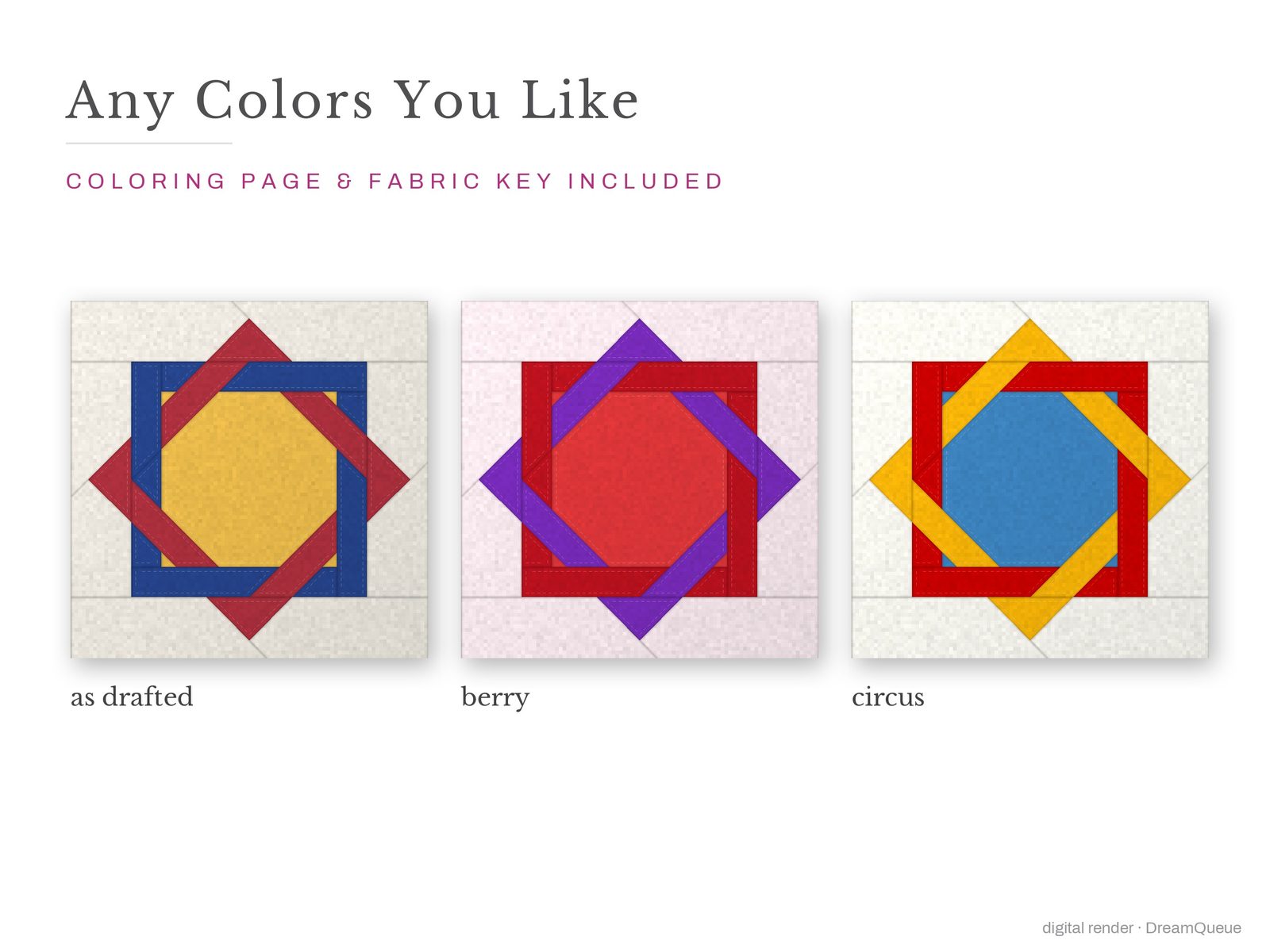 The Woven Square quilt block in three colorways, as drafted, pastel and jewel tones; a coloring page and fabric key are included