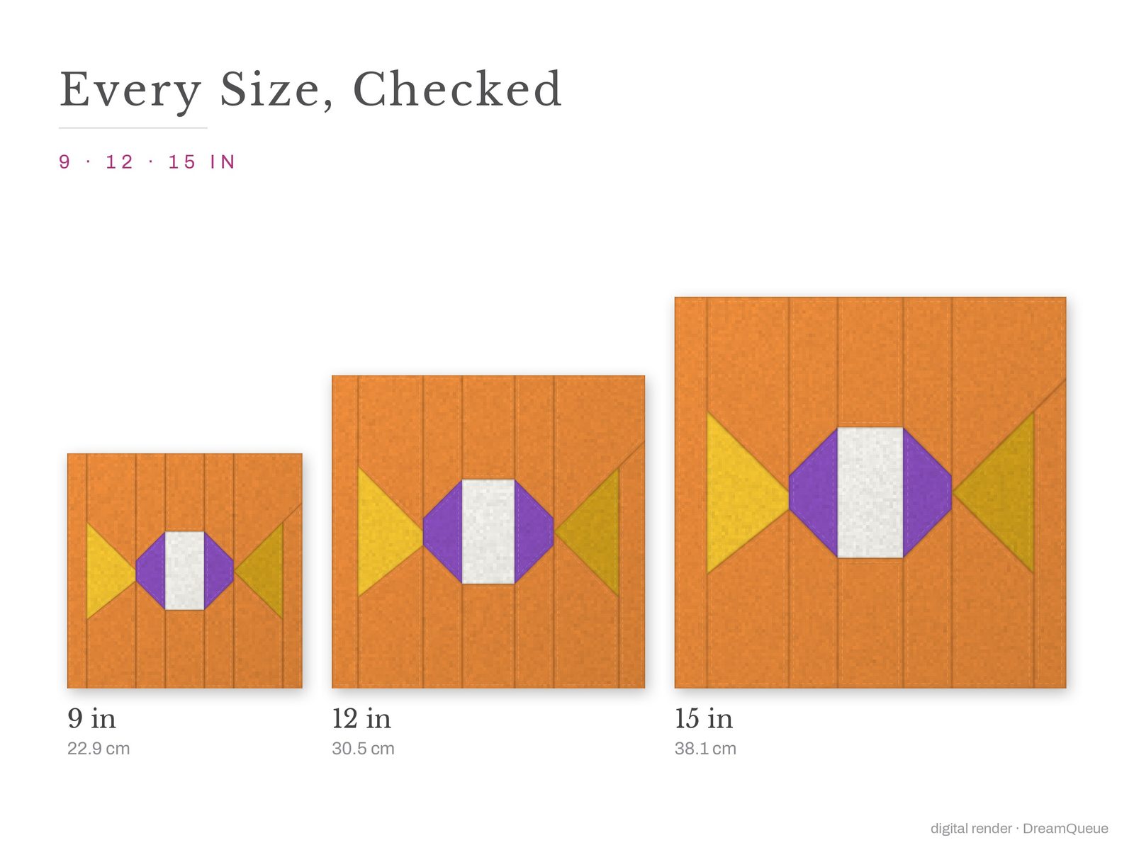 The Wrapped Candy quilt block at every finished size: 9, 12 and 15 inch