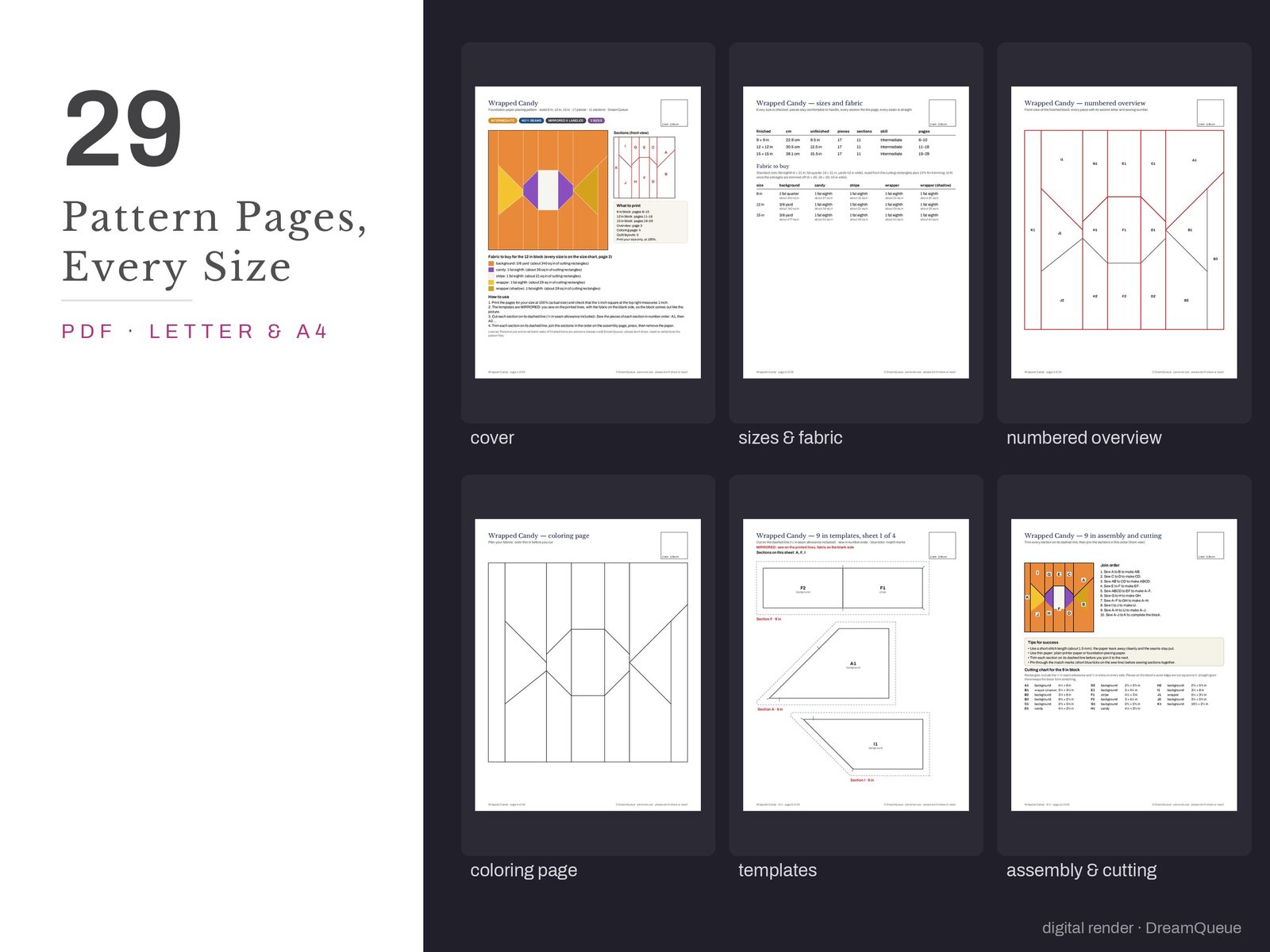 Thumbnails of the Wrapped Candy quilt block pattern pages: cover, size and fabric chart, numbered overview, coloring page, templates, assembly and cutting chart