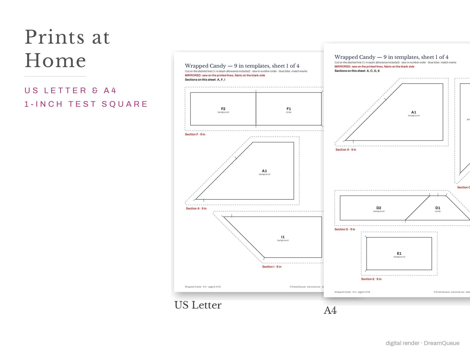 Wrapped candy quilt block templates printed on US Letter and A4 paper with a 1-inch test square to check the print scale