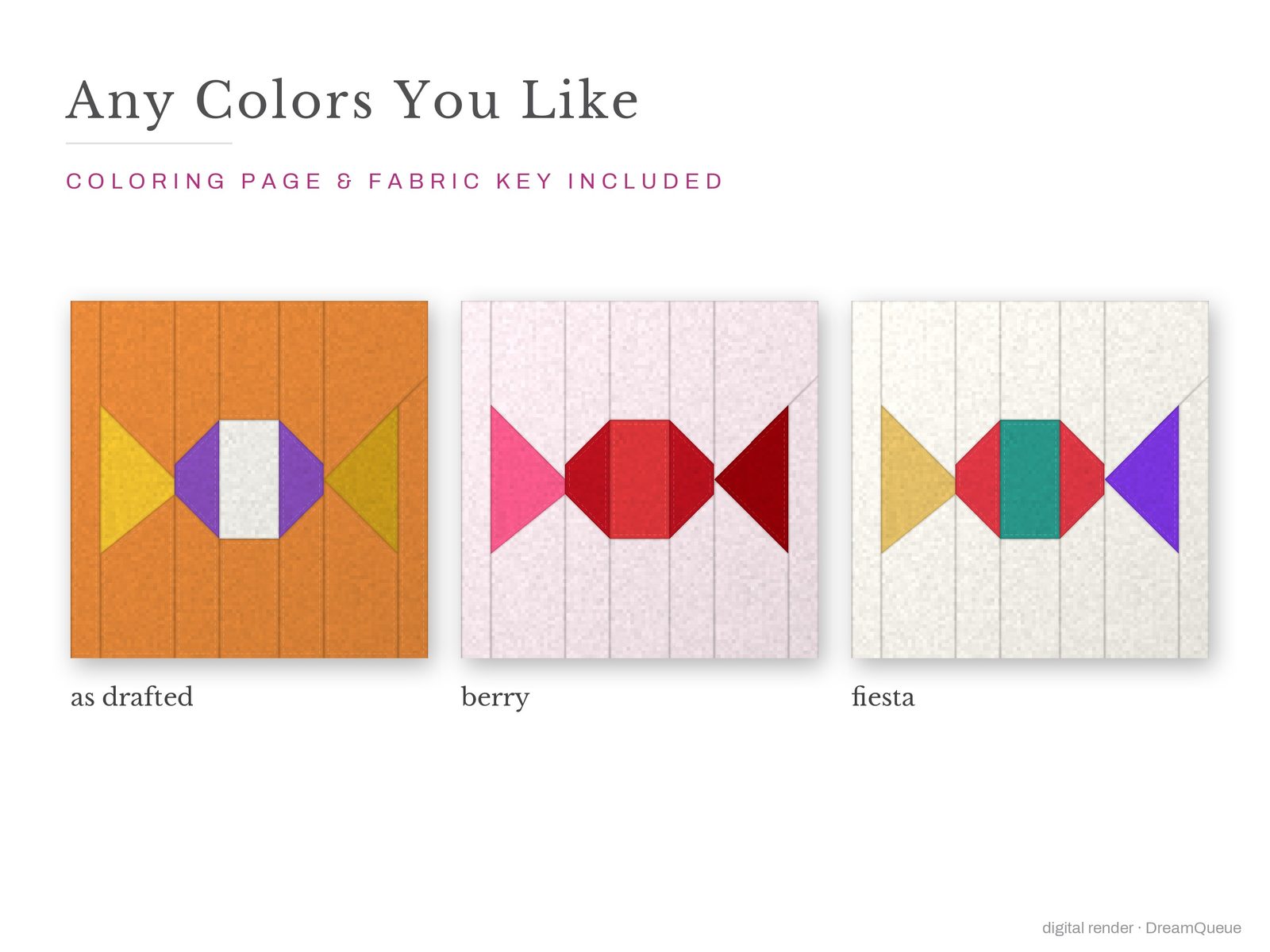 The Wrapped Candy quilt block in three colorways, as drafted, pastel and jewel tones; a coloring page and fabric key are included