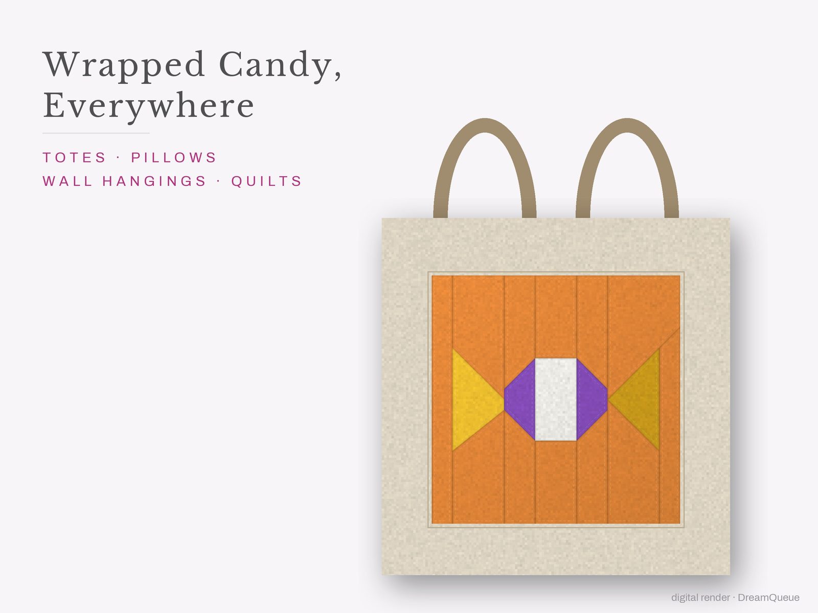 The Wrapped Candy quilt block sewn into a tote bag, one idea for totes, pillows, wall hangings and quilts