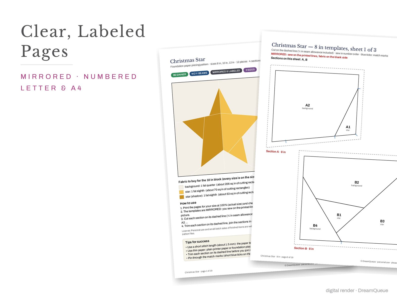 Cover page and a mirrored, numbered template sheet from the Christmas Star quilt block FPP pattern
