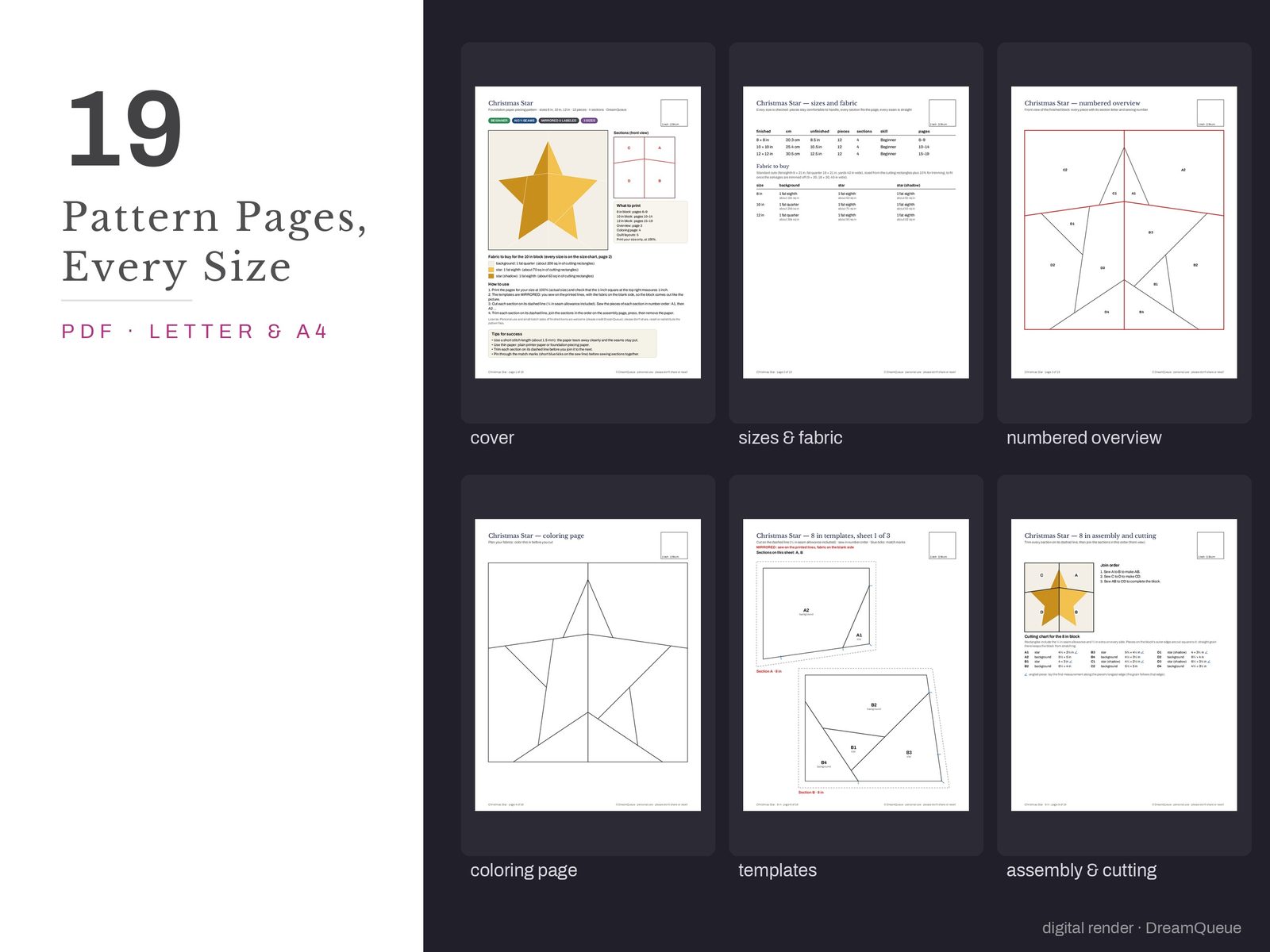 Thumbnails of the Christmas Star quilt block pattern pages: cover, size and fabric chart, numbered overview, coloring page, templates, assembly and cutting chart