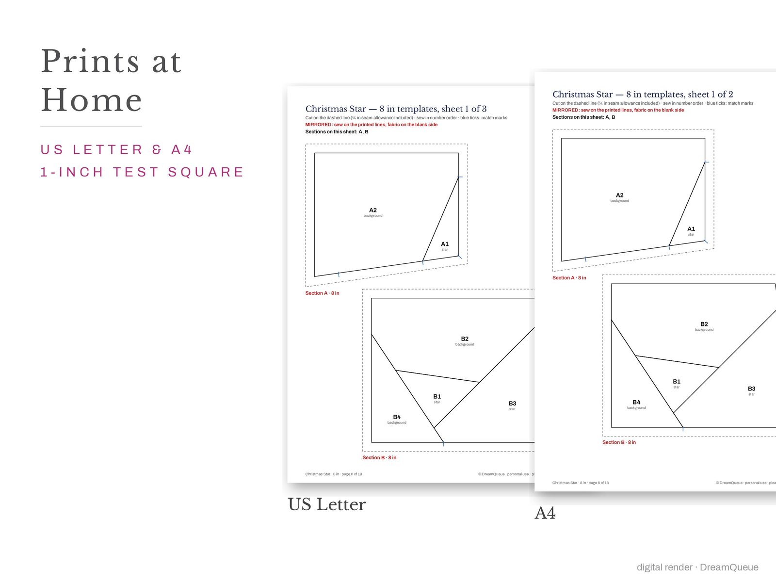 Christmas star quilt block templates printed on US Letter and A4 paper with a 1-inch test square to check the print scale